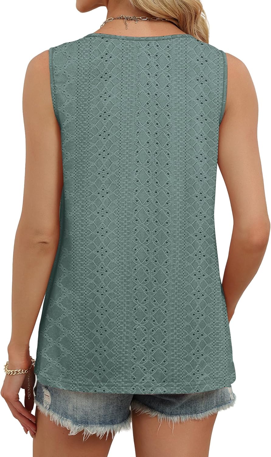 Detalle de WIHOLL Women's Eyelet V-Neck Tank Top - Loose, Casual, Summer