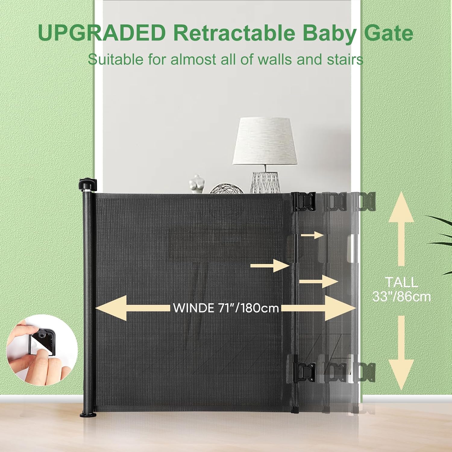 Detalle de MYPIN Extra Wide Retractable Dog Gate 180×86 cm
