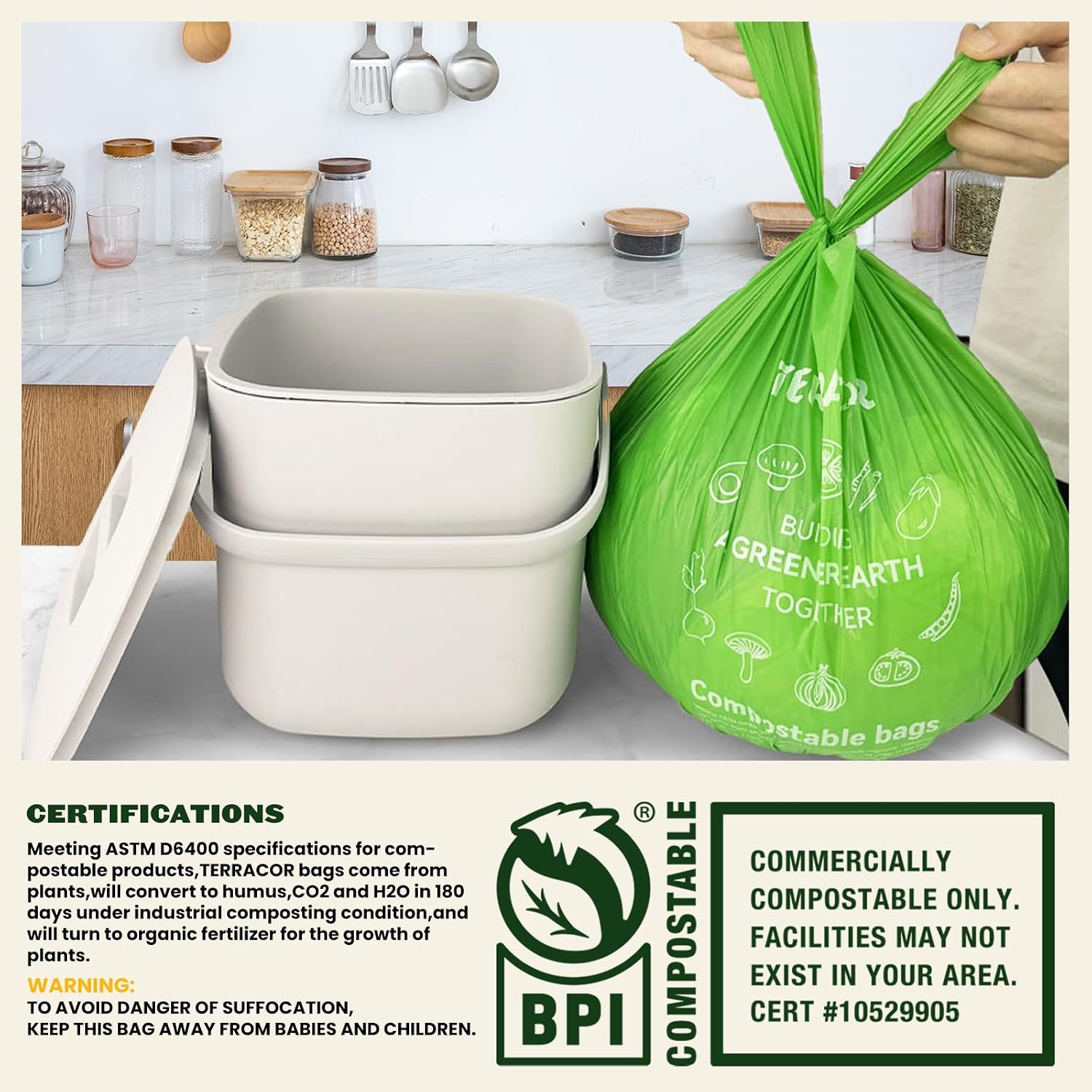 Detalle 2 de TERRACOR 3-Gallon Compost Bags with Handle Tie, 100 Count (Pack of 2) – BPI & ASTM D6400 Certified