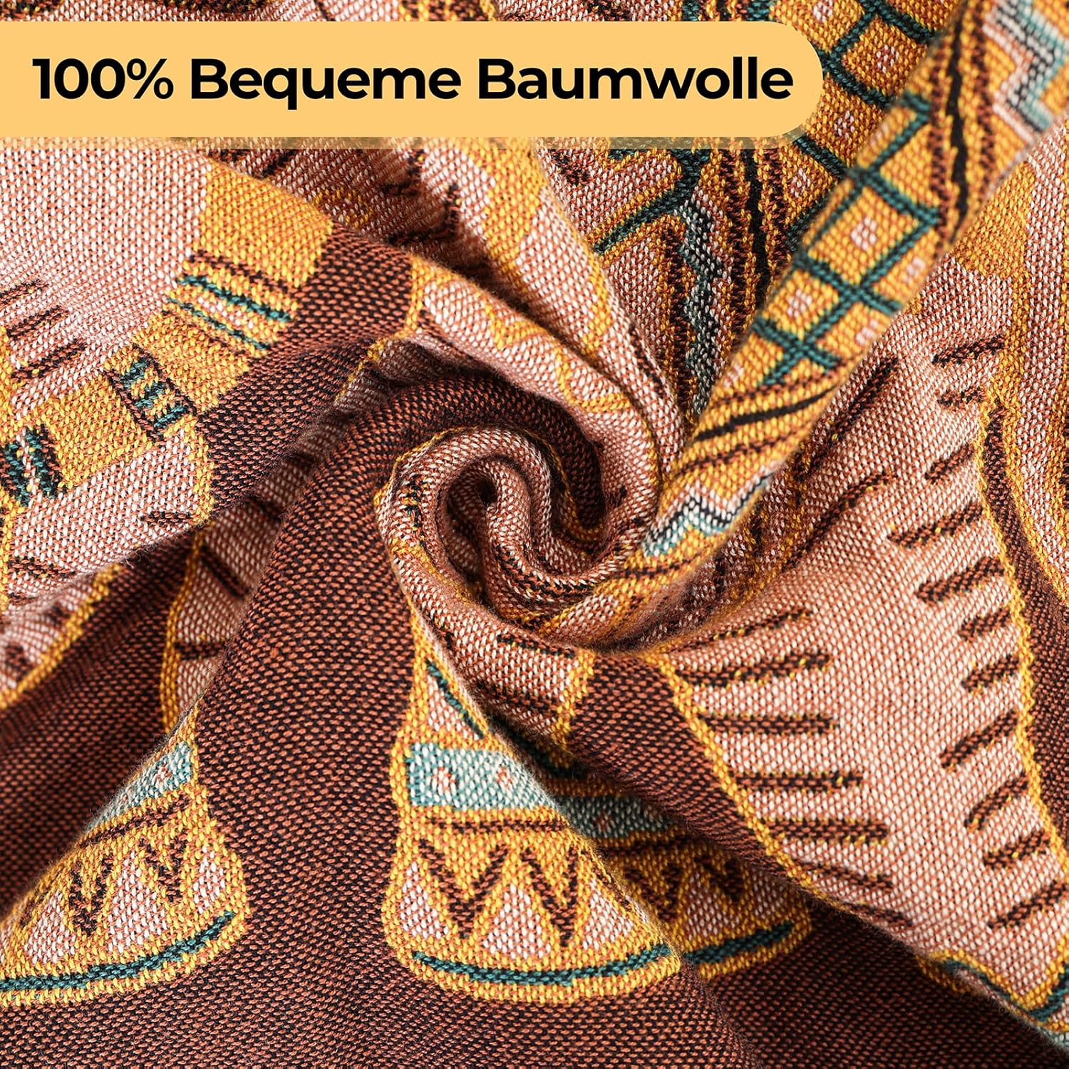 Thumbnail 4 de HOORDRY Boho Musselin-Decke aus 100% Baumwolle (doppelseitig) 200x230 cm – Elefantenaufdruck in Braun