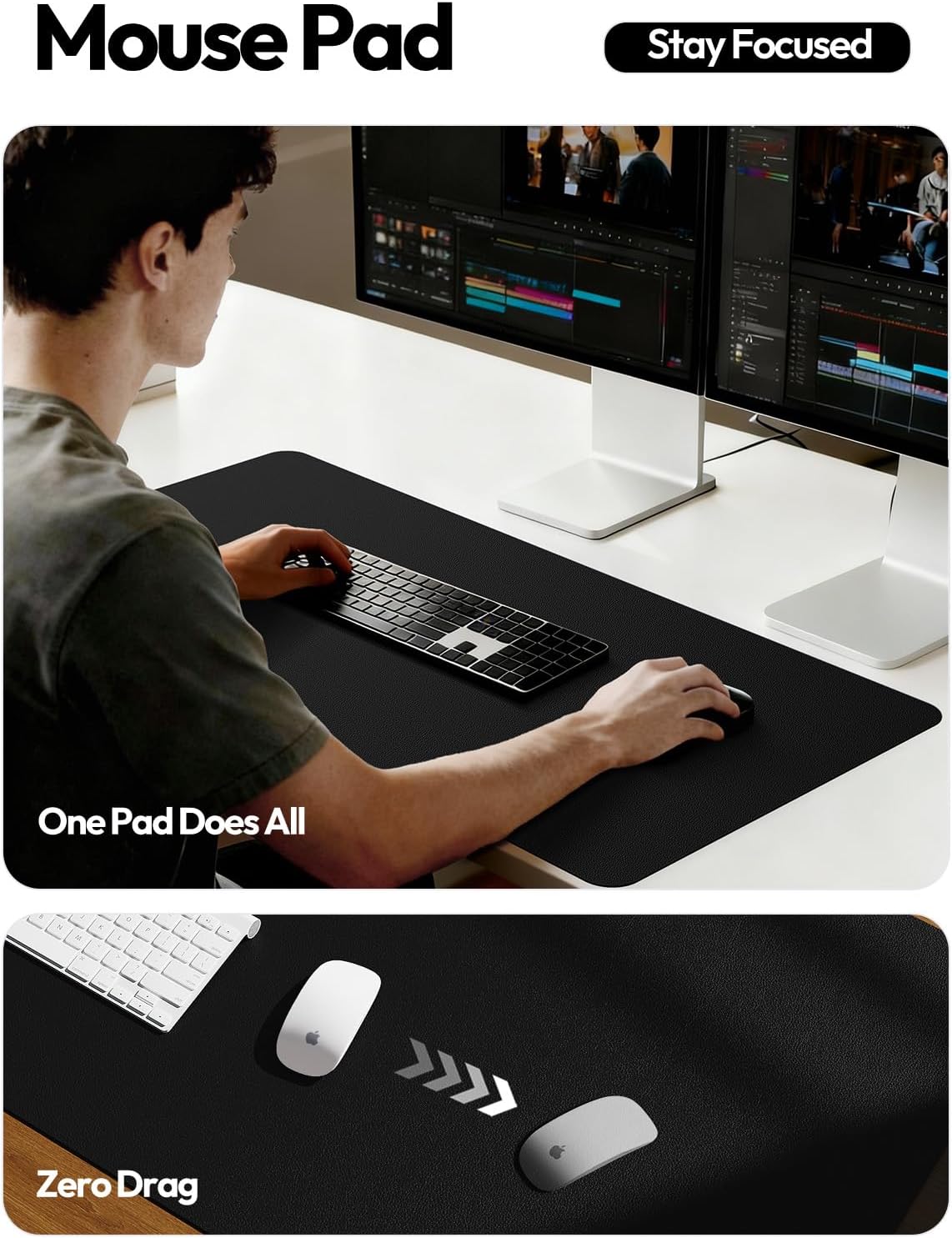 Detalle 2 de YSAGi Leather Desk Protector (Large) — PU Leather Office Mat & Mouse Pad, Waterproof, Non-Slip, Black