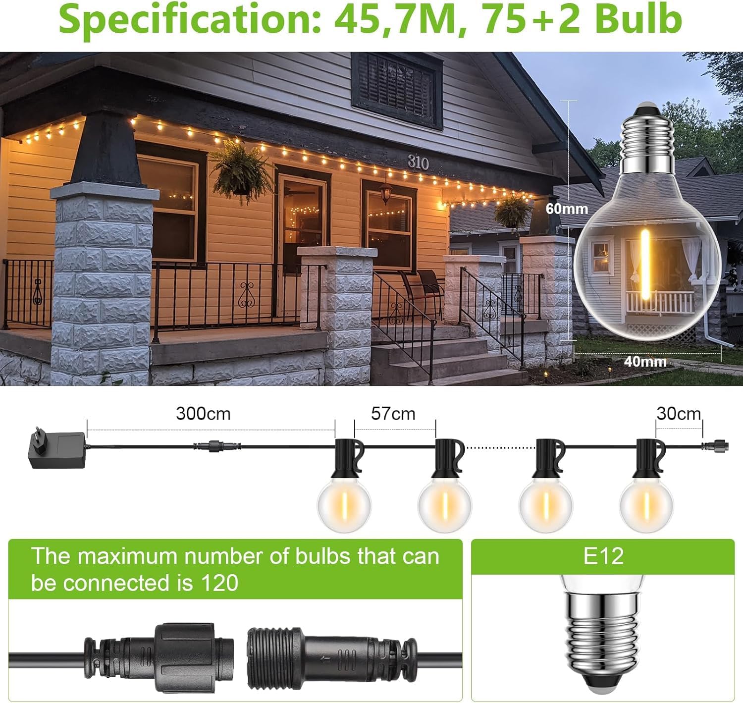 Thumbnail 3 de BokiHuk catena luminosa da esterno 45 m con lampadine G40 (75+2) a 24V