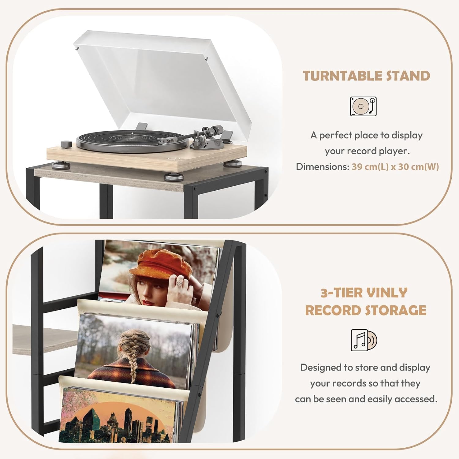 Detalle de Bikoney Record Player Stand with 3-Tier Vinyl Storage and Guitar Stand – White