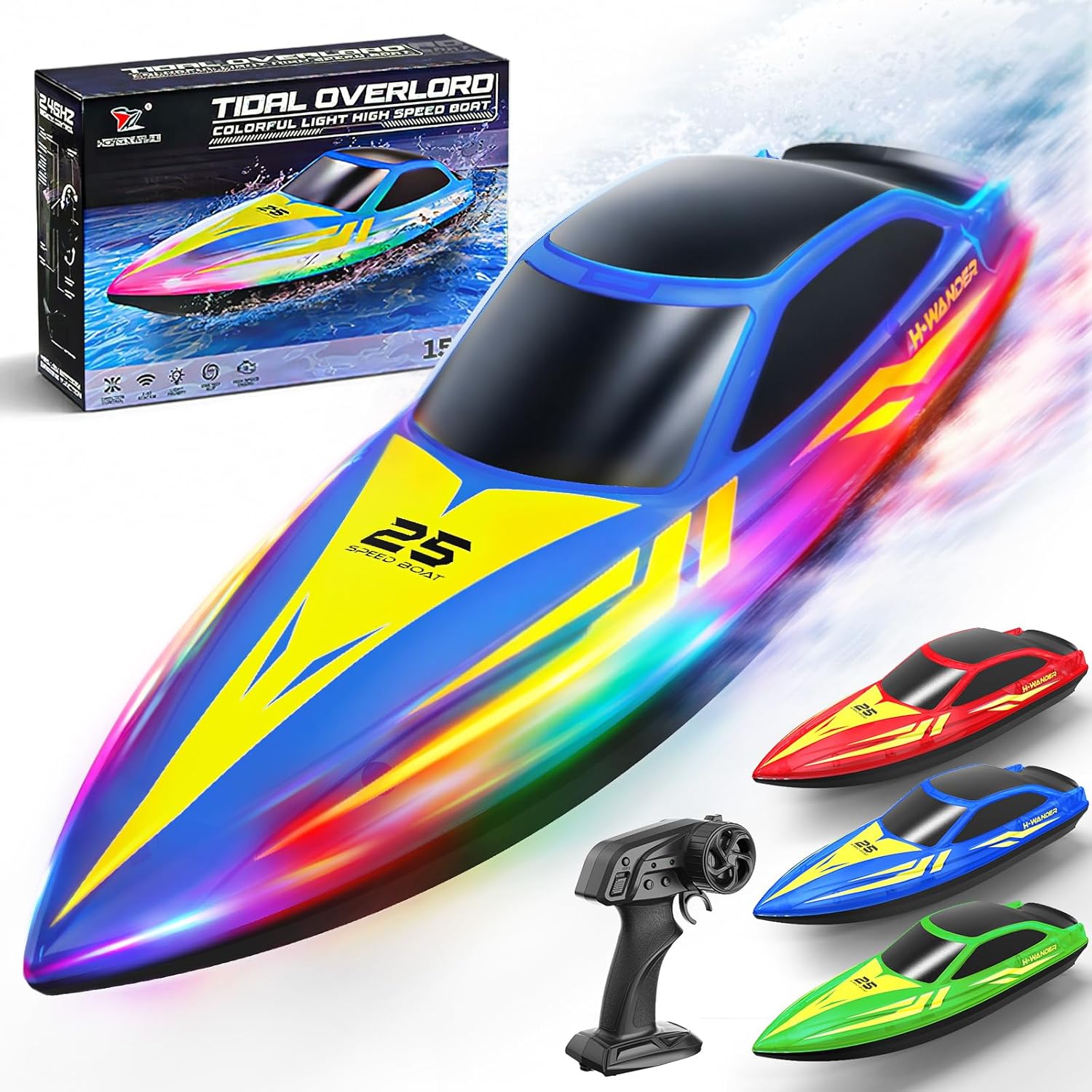 Ferngesteuertes Boot mit LED-Beleuchtung Blau – 2 Akkus, 7 Lichtmodi, 2,4 GHz, bis 15 km/h