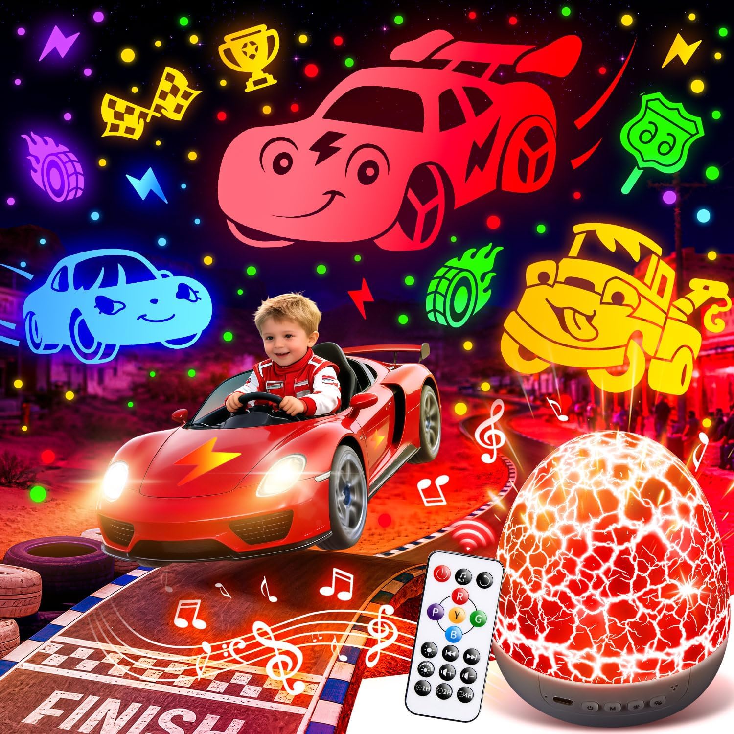 Toy Cars Projector Egg Shaped Night Light with 6HD Films, Sounds, 31 Colors, Remote, and 360° Rotation