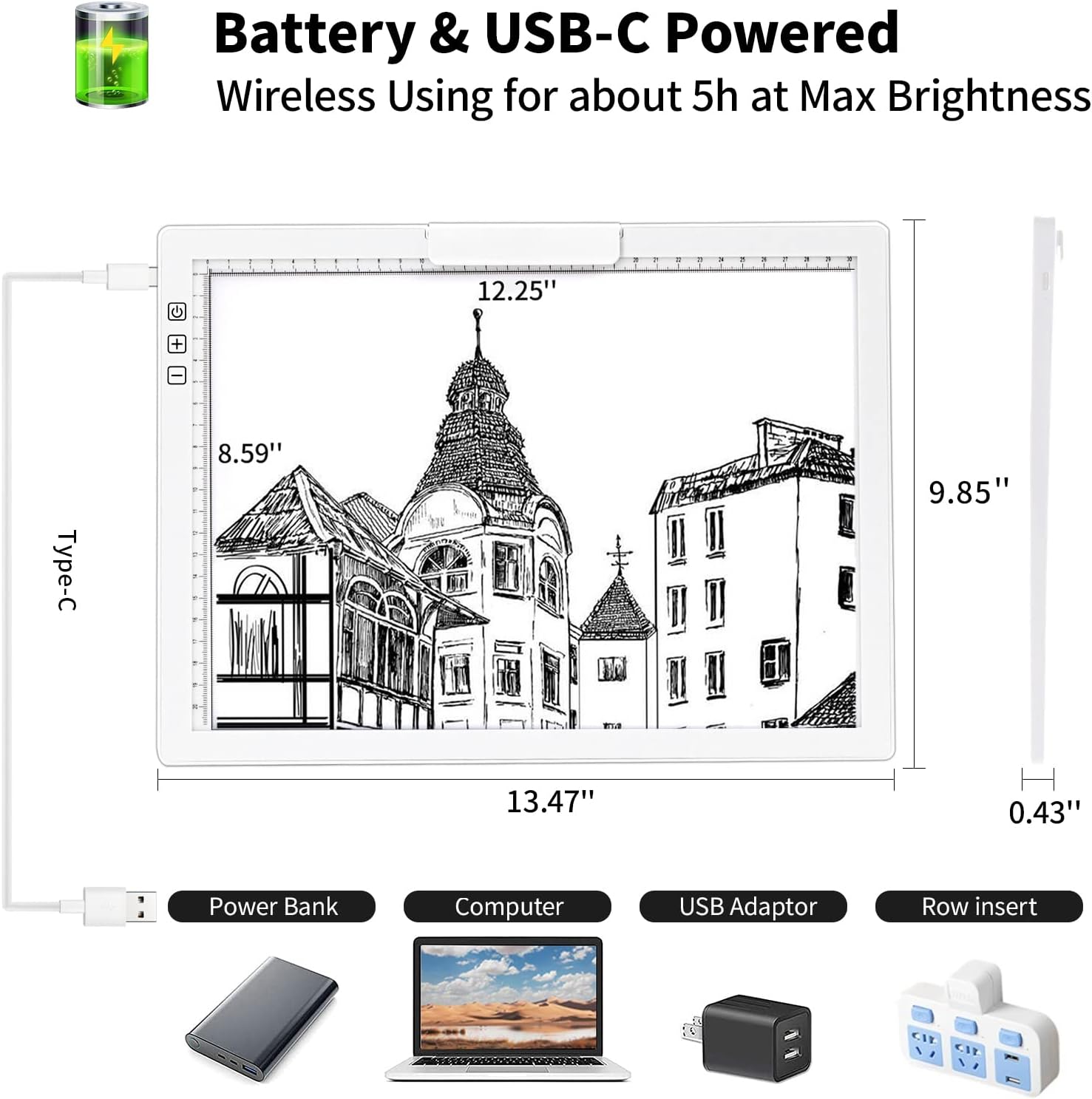 Thumbnail 1 de TOHETO A4 Wireless LED Light Pad with Innovative Stand & Top Clip (Rechargeable, Stepless Dimming, White)