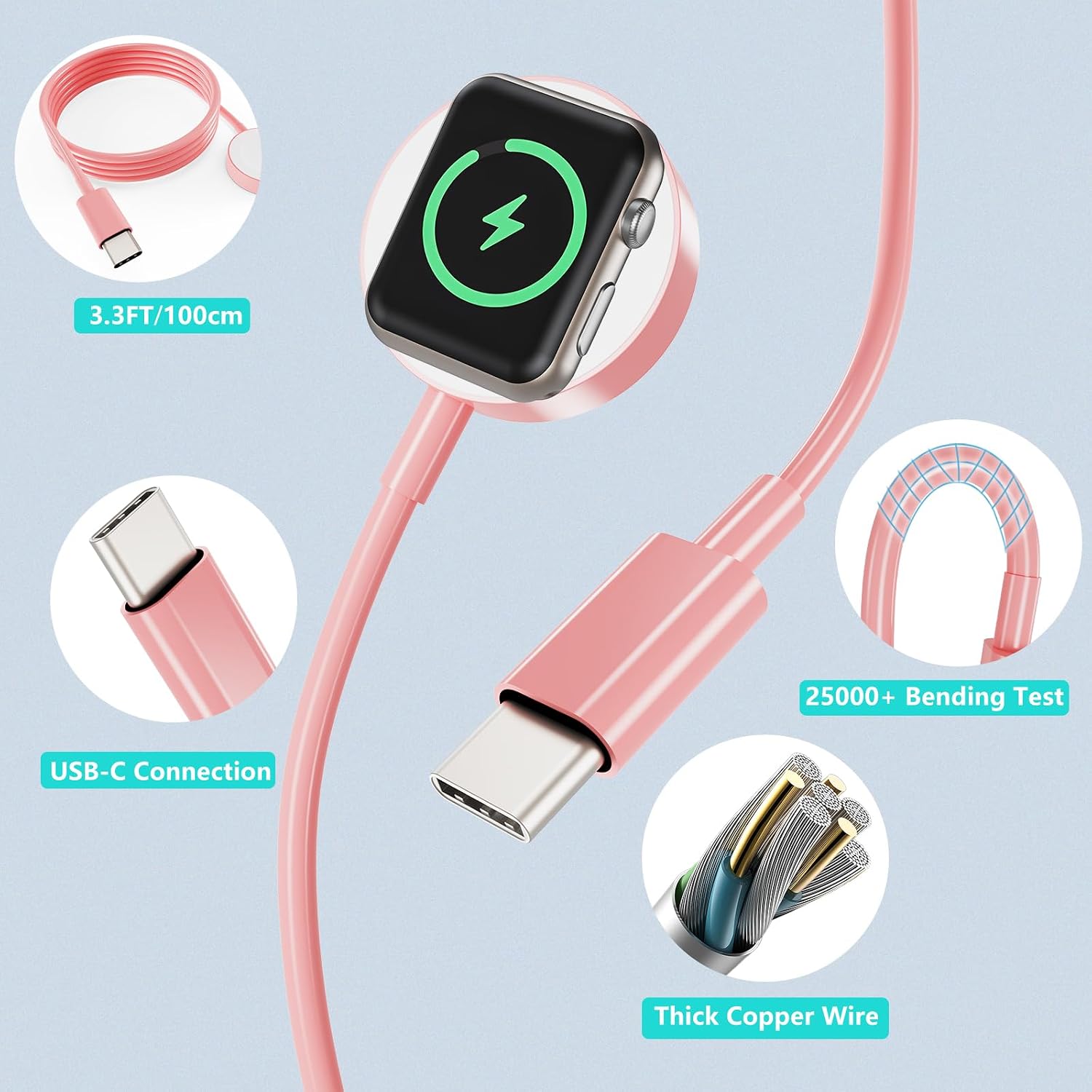 Thumbnail 6 de Upgraded 2-Pack USB-C Magnetic Apple Watch Charger Cables (MFi Certified) – Pink, 100cm