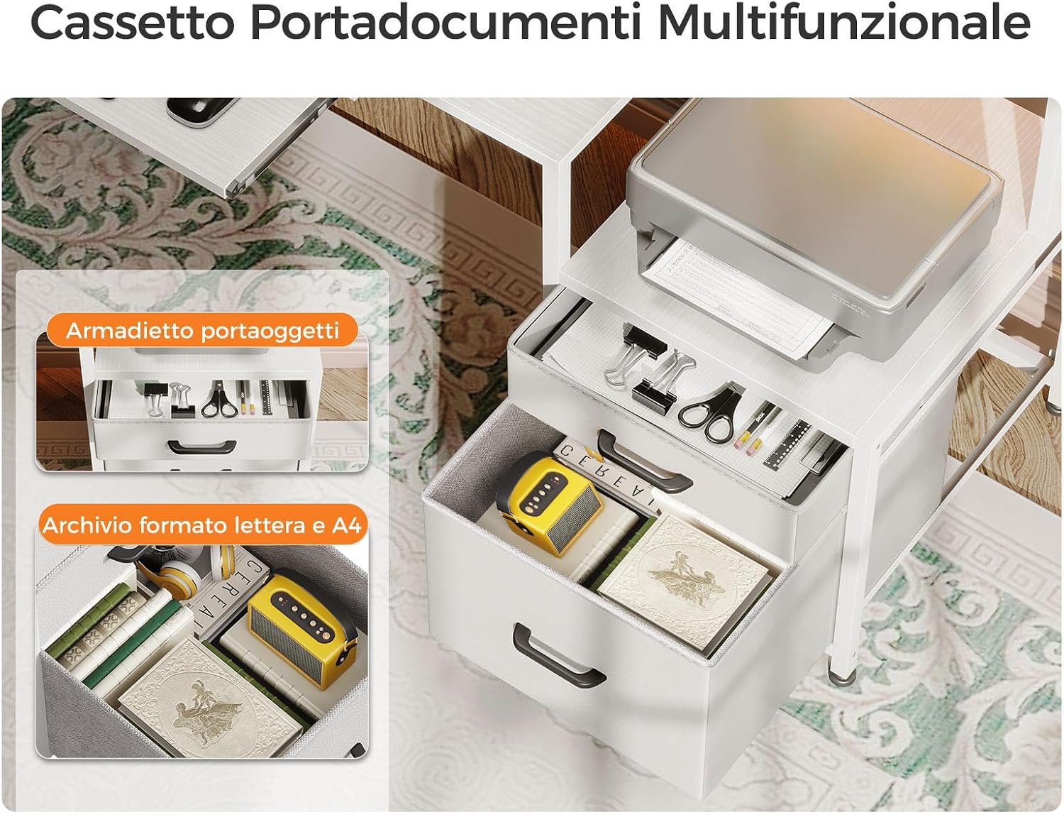 Detalle 1 de Coleshome Scrivania Gaming con LED, prese e 2 cassetti, 140x48 cm, tavolo reversibile con supporto monitor e vassoio tastiera (bianco)