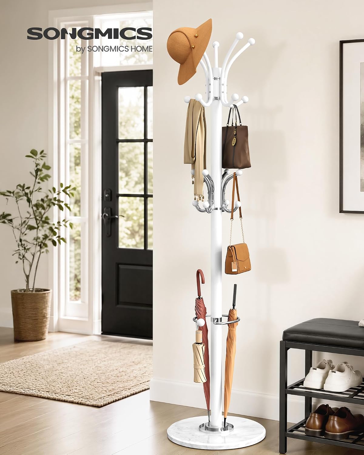 Detalle 2 de SONGMICS ALAN RCR091WC01 Coat Rack with 18 Hooks, Umbrella Stand and Marble Base