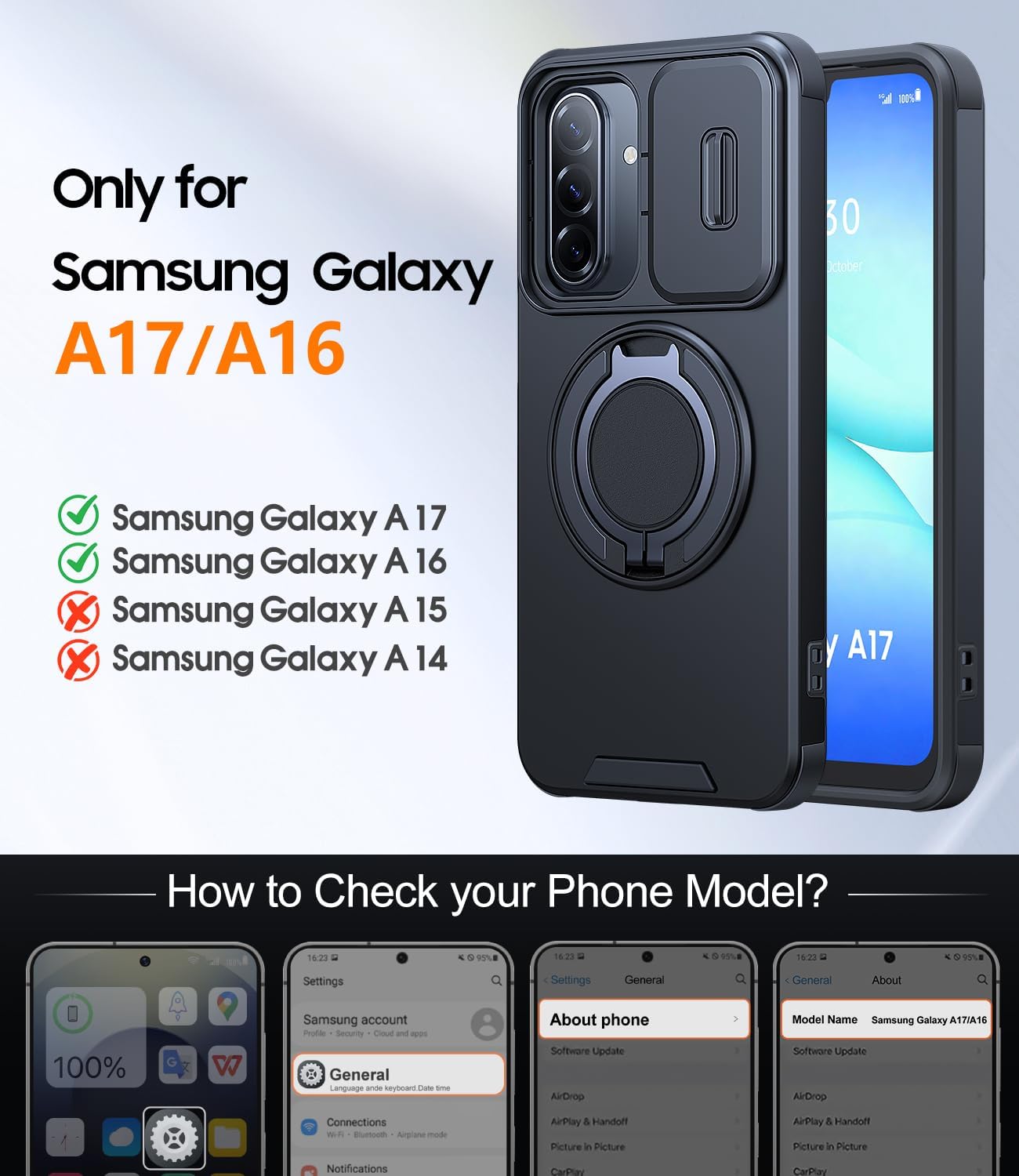 Thumbnail 6 de JAME Galaxy A16/A17 Case with 360° Ring Stand, Slide Camera Cover, Magnetic Plates & 2-Pack Tempered Glass Protectors (Black)