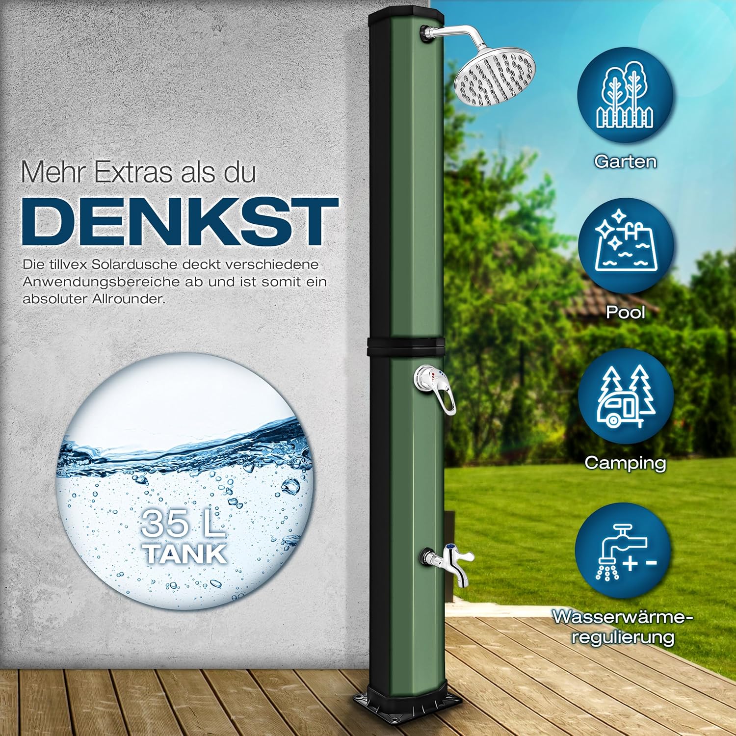 Detalle 2 de tillvex Solardusche 35 Liter inkl. Abdeckung – warmes Wasser ohne Stromanschluss