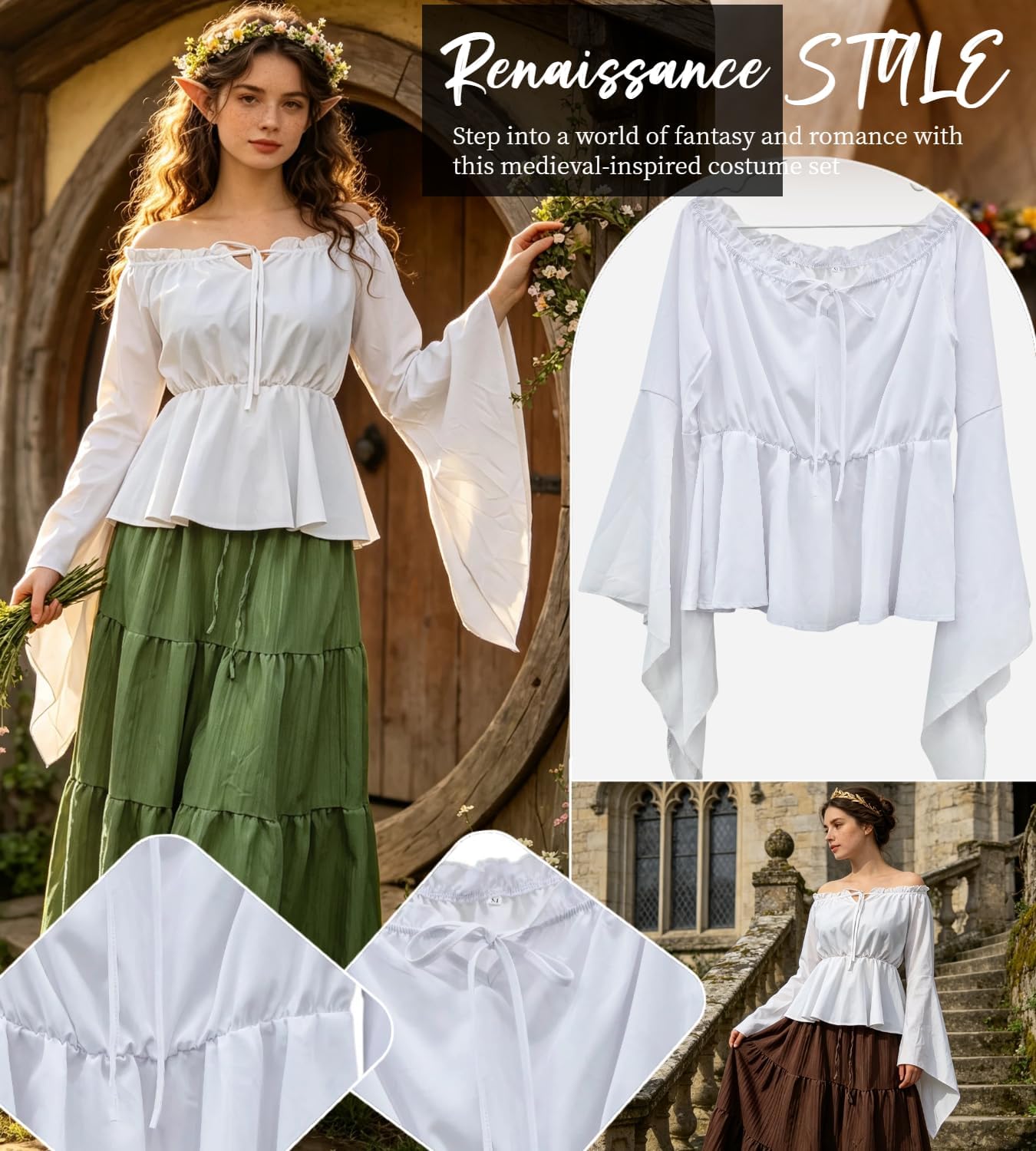 Detalle de Renaissancekostuum voor dames met offshoulderblouse, maxirok en korset