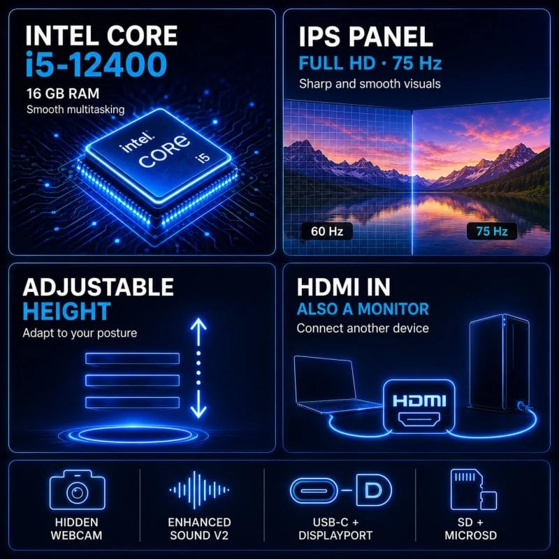 Detalle de Alurin Flow AIO i5-12400/16GB/500GB/24" Altura regulable + Owlotech MK500 Combo