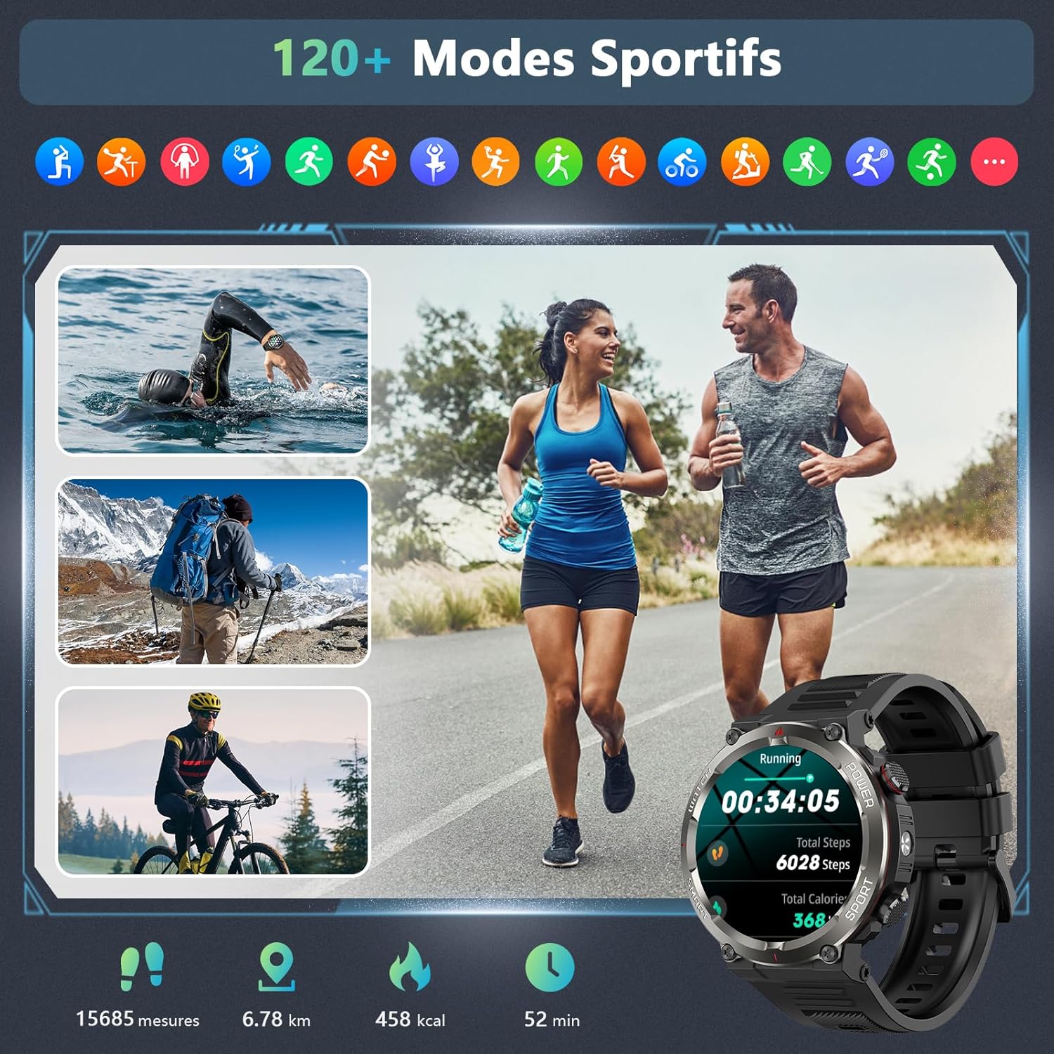 Thumbnail 5 de Baolubao Montre connectée homme militaire : smartwatch Bluetooth, torche LED, IP68 et suivi santé