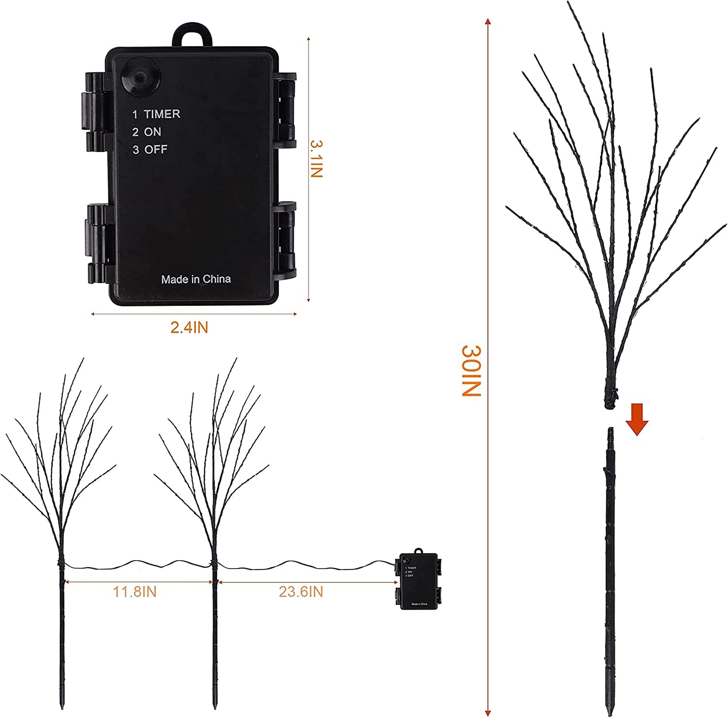 Detalle 2 de LJLNION Lighted Halloween Branches, 30-Inch Black Twigs, 100 LEDs and Timer