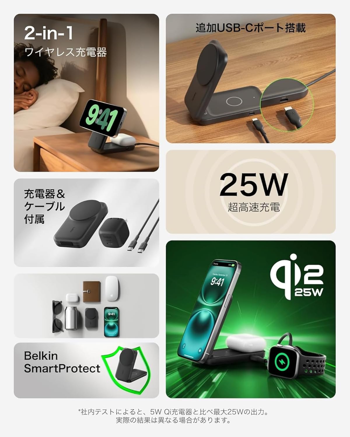 Detalle de Belkin Qi2 25W 2in1 ワイヤレス充電器 折りたたみ式・2台同時充電・ブルー