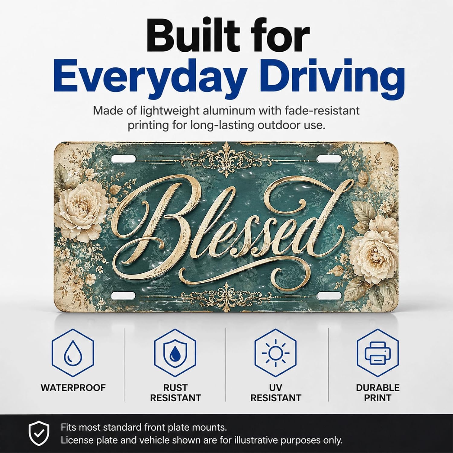 Detalle de Blessed Floral Aluminum License Plate 6 x 12 Inch