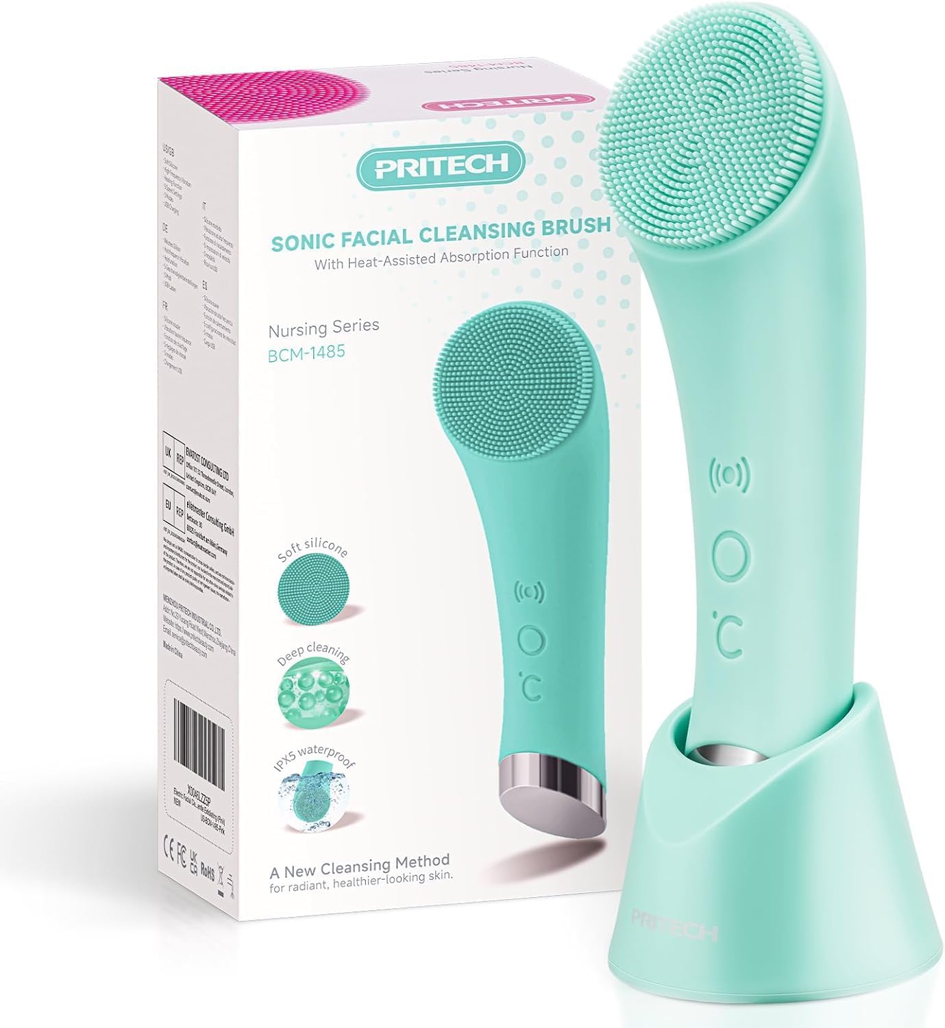 Detalle de Silicone Face Scrubber: Rechargeable Cleansing Brush with Heat Massage End (Green)