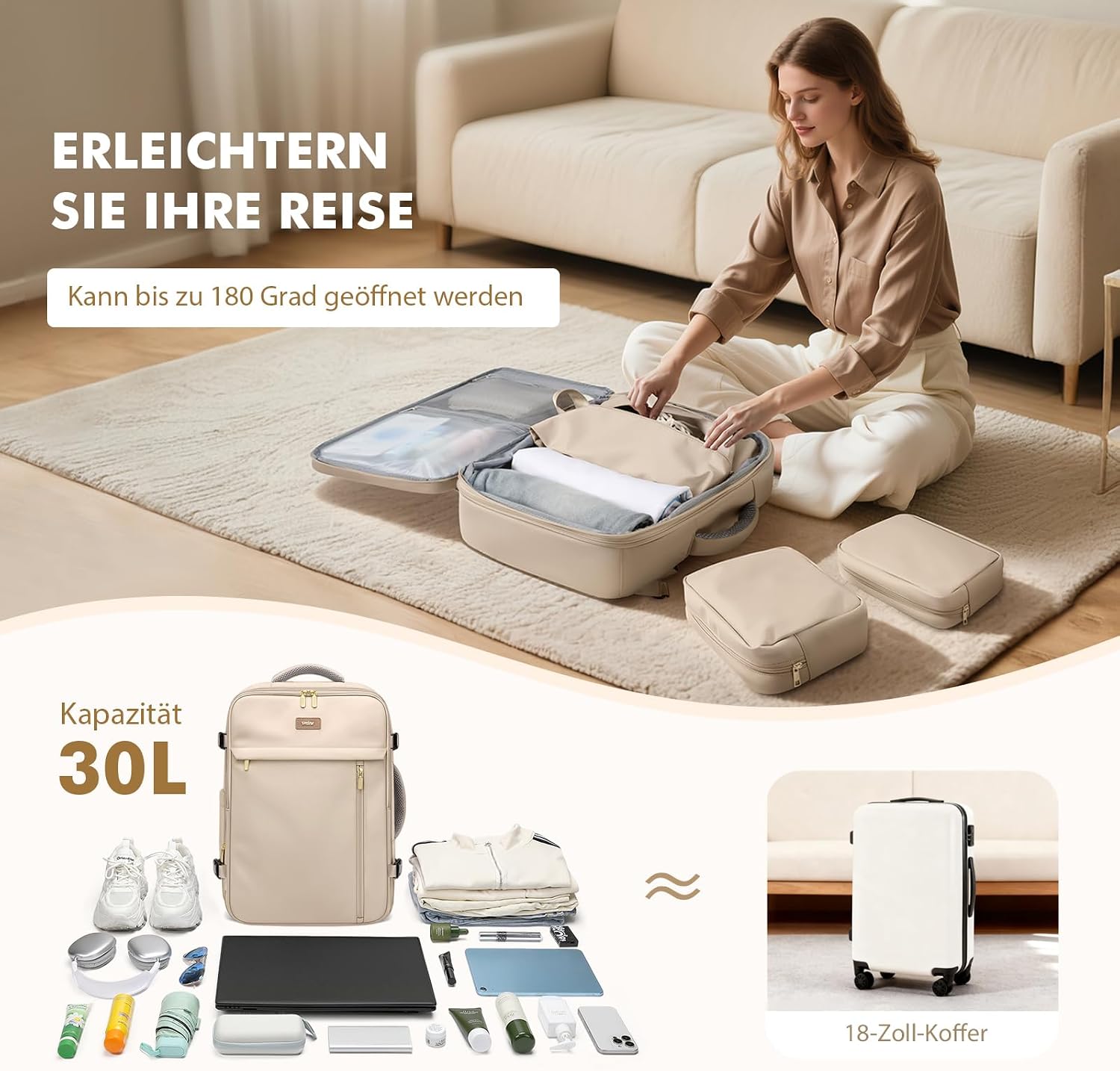 Thumbnail 2 de VNINE 40L Reiserucksack – Großer Handgepäck Rucksack mit Wasserabweisendem Nassfach, erweiterbar auf 39L
