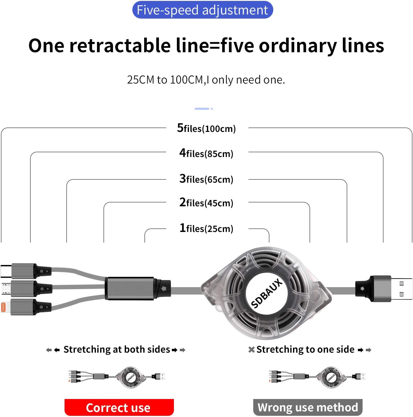 Thumbnail 1 de SDBAUX Multi Charger Cable 1m — 3‑in‑1 retractable cable