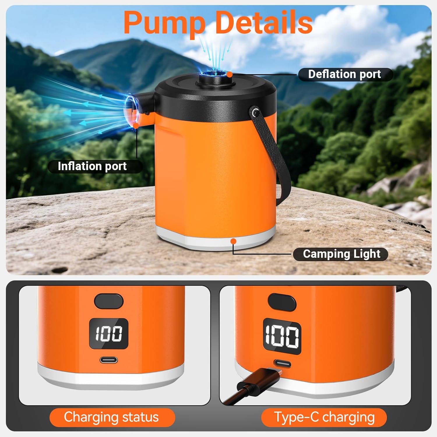 Detalle de YUWEIC Camping Electric Air Pump with Lantern — 18W, 5000mAh, 280L/min, 3 Nozzles