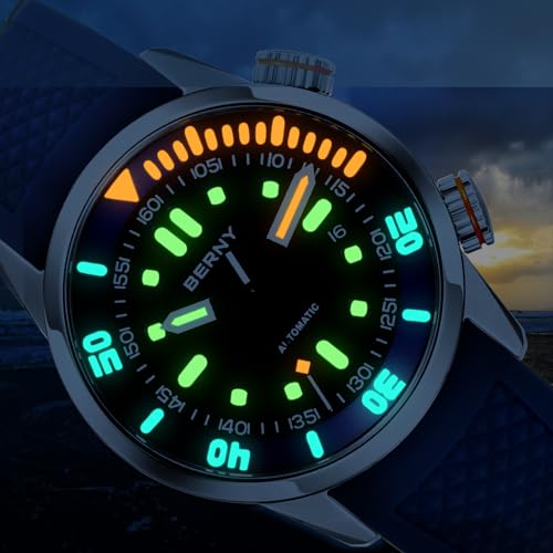 Detalle de BERNY Montre de plongée pour hommes 20ATM — Mouvement automatique, verre saphir et luminescente