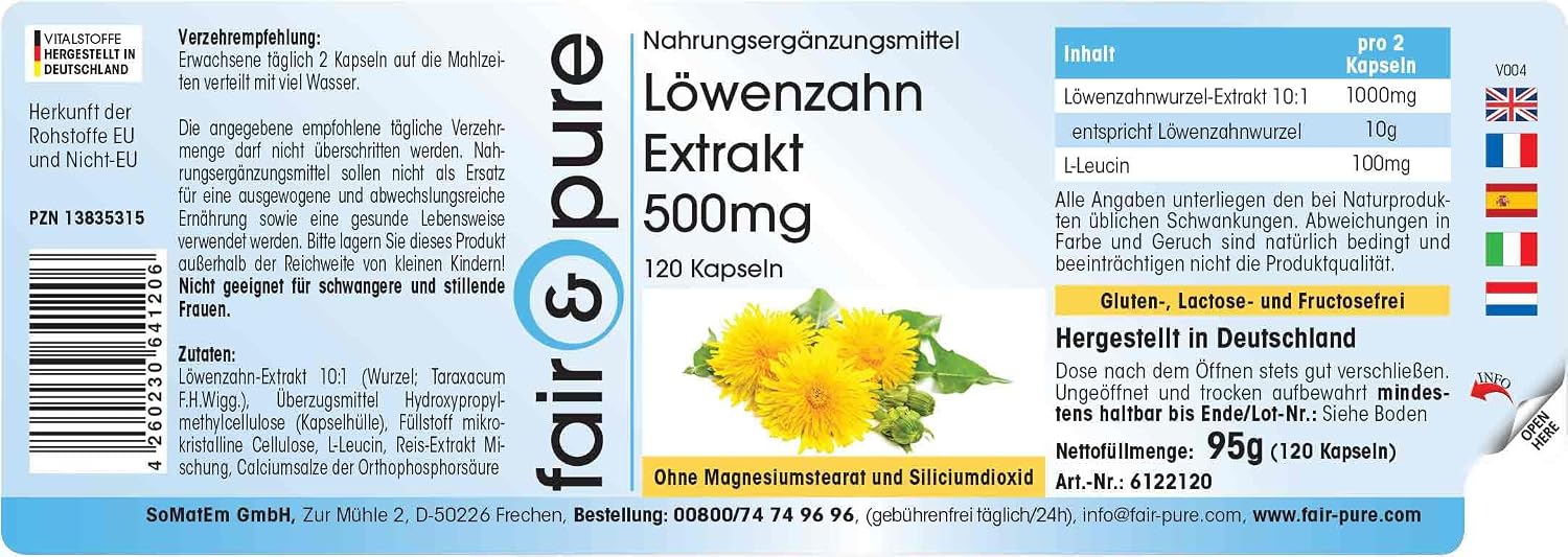 Detalle 2 de Fair & Pure Löwenzahn Extrakt 500mg – 120 Kapseln, hochdosiert 10:1, vegan, made in Deutschland