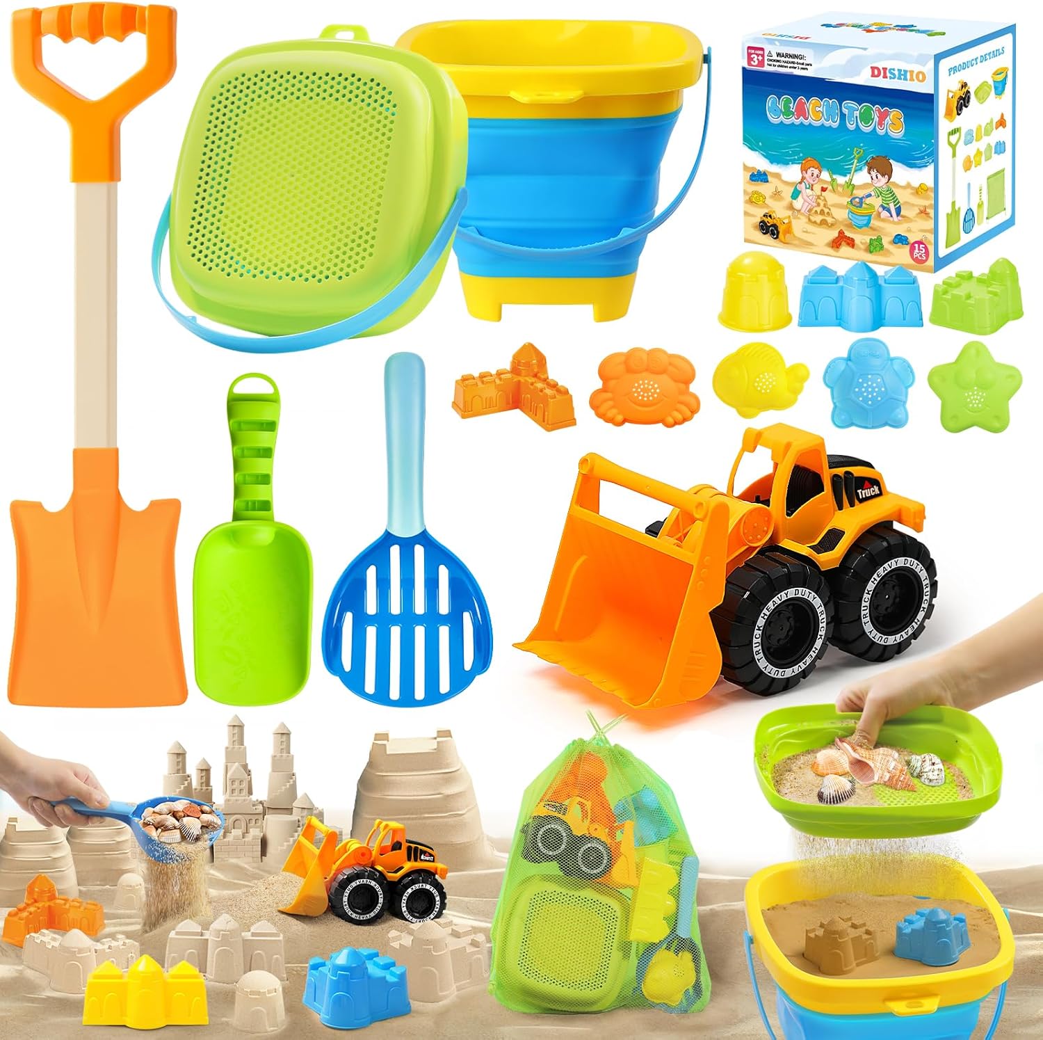 Detalle de Collapsible Beach Sand Toys for Kids — 15-Piece Set with Bucket, Sifter, Molds & Mesh Bag