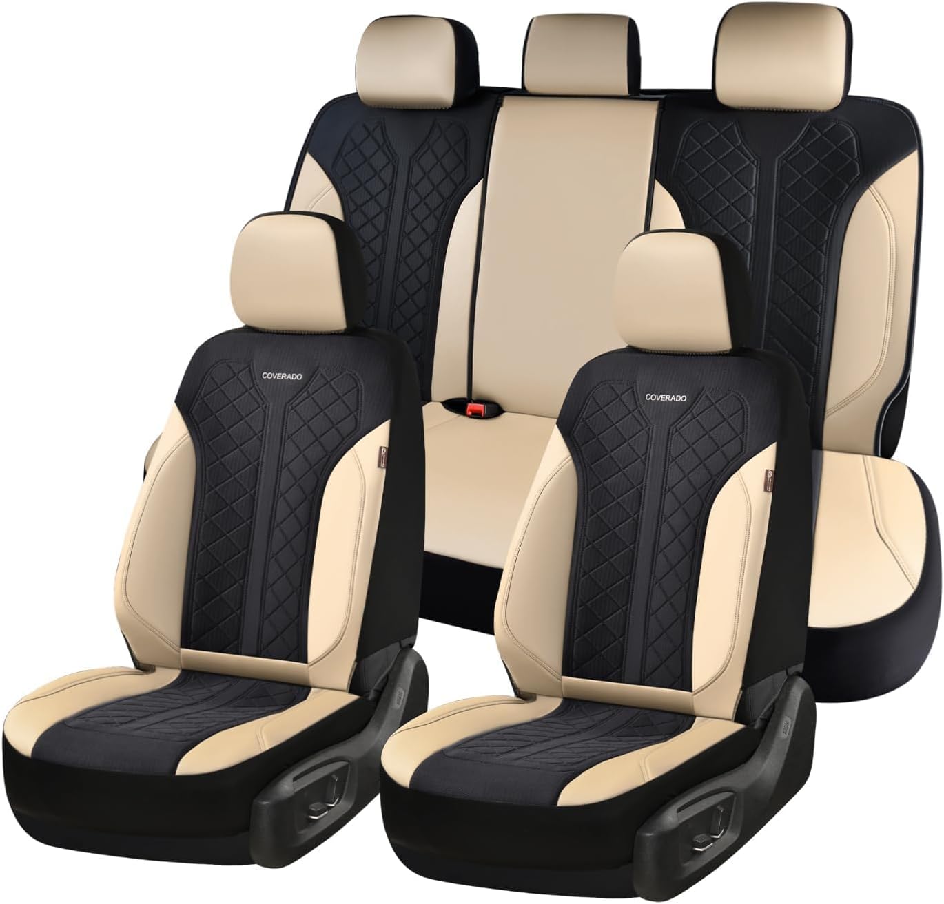 Detalle de Coverado Seat Covers Full Set: Beige PU Leather with Breathable Mesh, 5-Piece Universal Car Seat Protectors