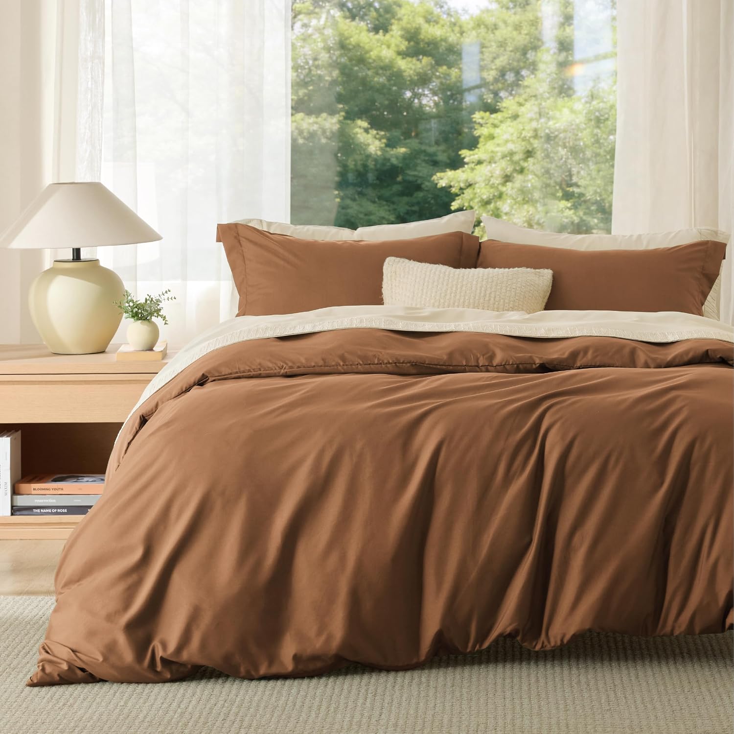 Detalle de Bedsure Duvet Cover Set-Washed Cotton Like, King Brown Microfiber Bedding