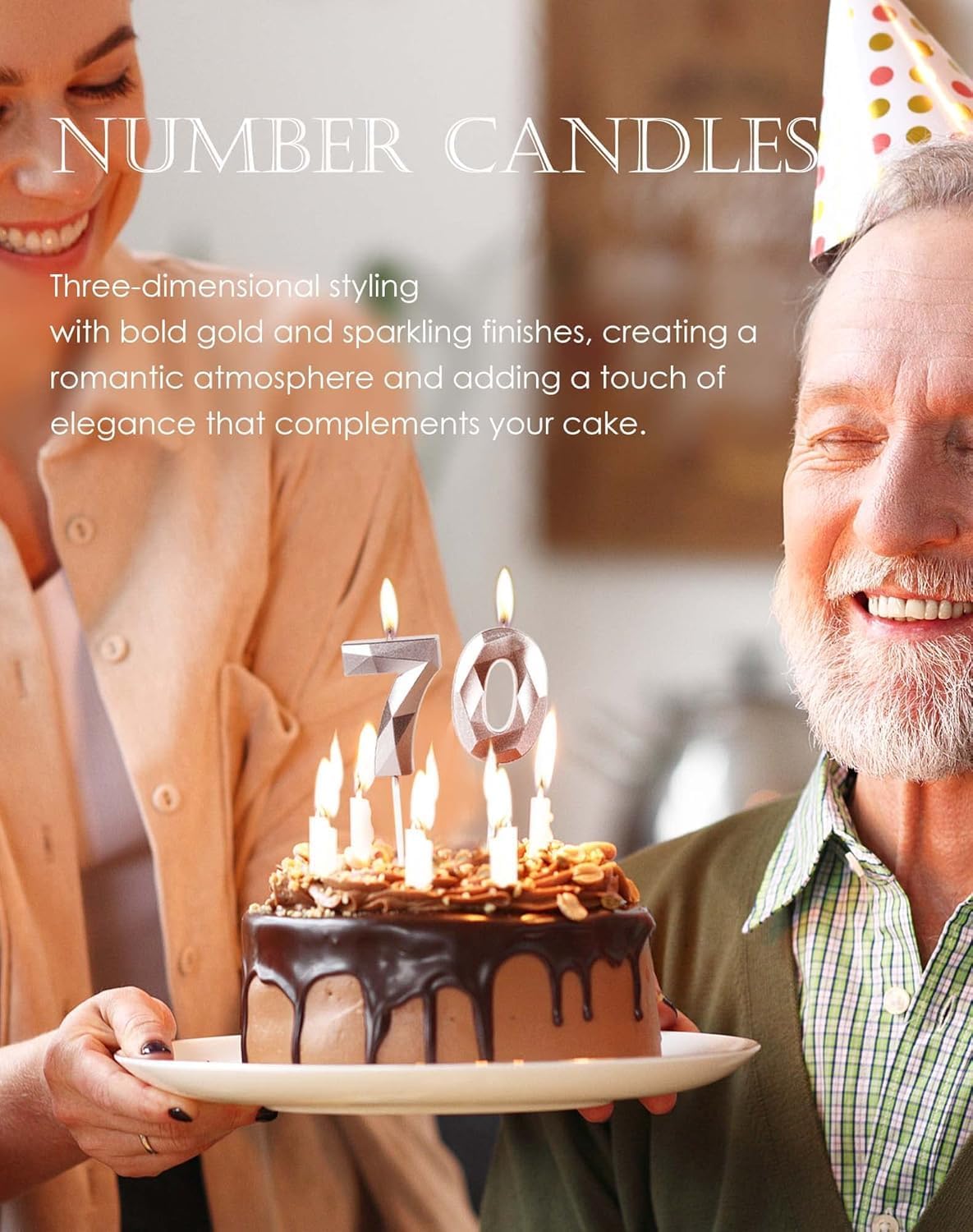 Thumbnail 6 de Rose Gold 55th Birthday Candles for Cake (Number 55) – 3D Diamond-Style Topper