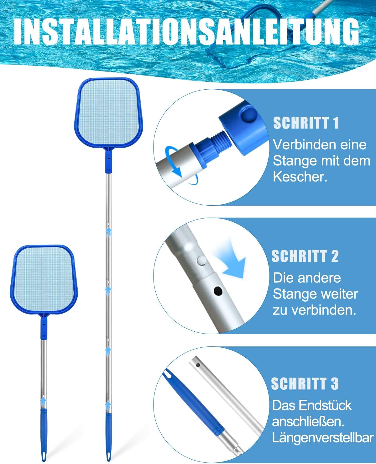 Detalle de MRUN BONE Pool Kescher 155 cm – Feinmaschiges Netz, robustes Leichtgewicht für Pool, Teich und Planschbecken