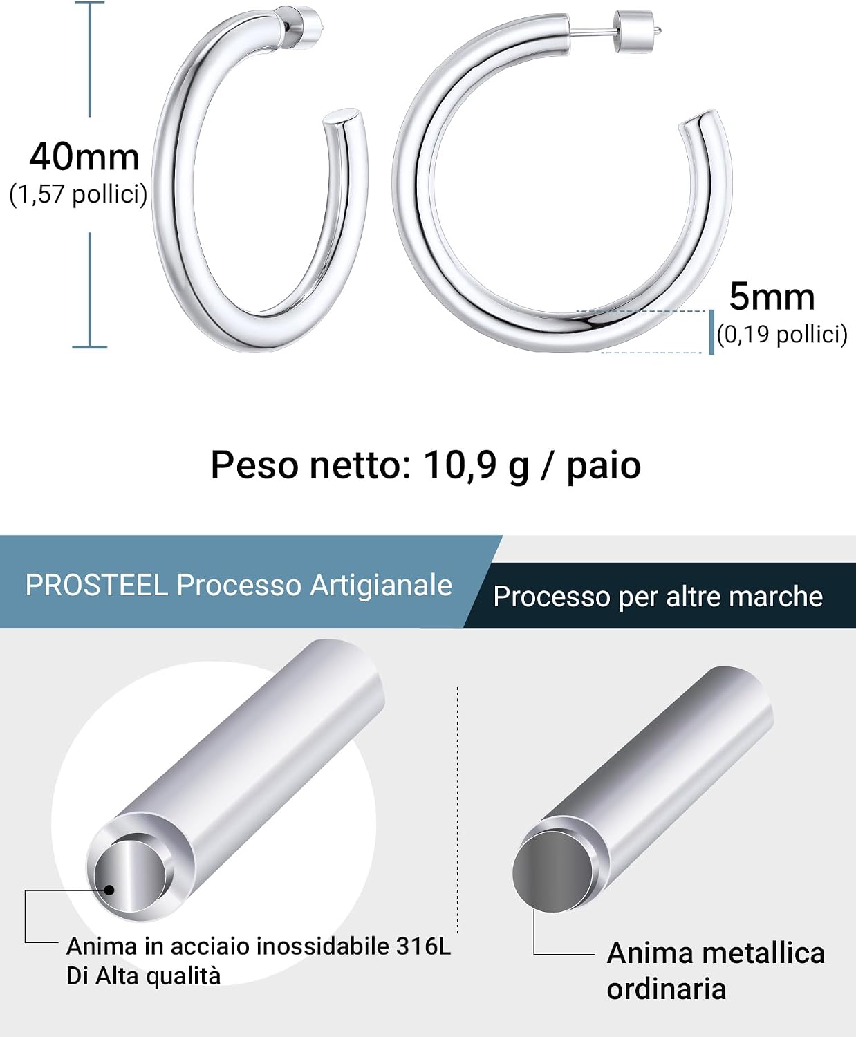 Thumbnail 6 de PROSTEEL Orecchini a cerchio colonna circolare vuoti in acciaio 316L (20/30/40/60/80 mm)