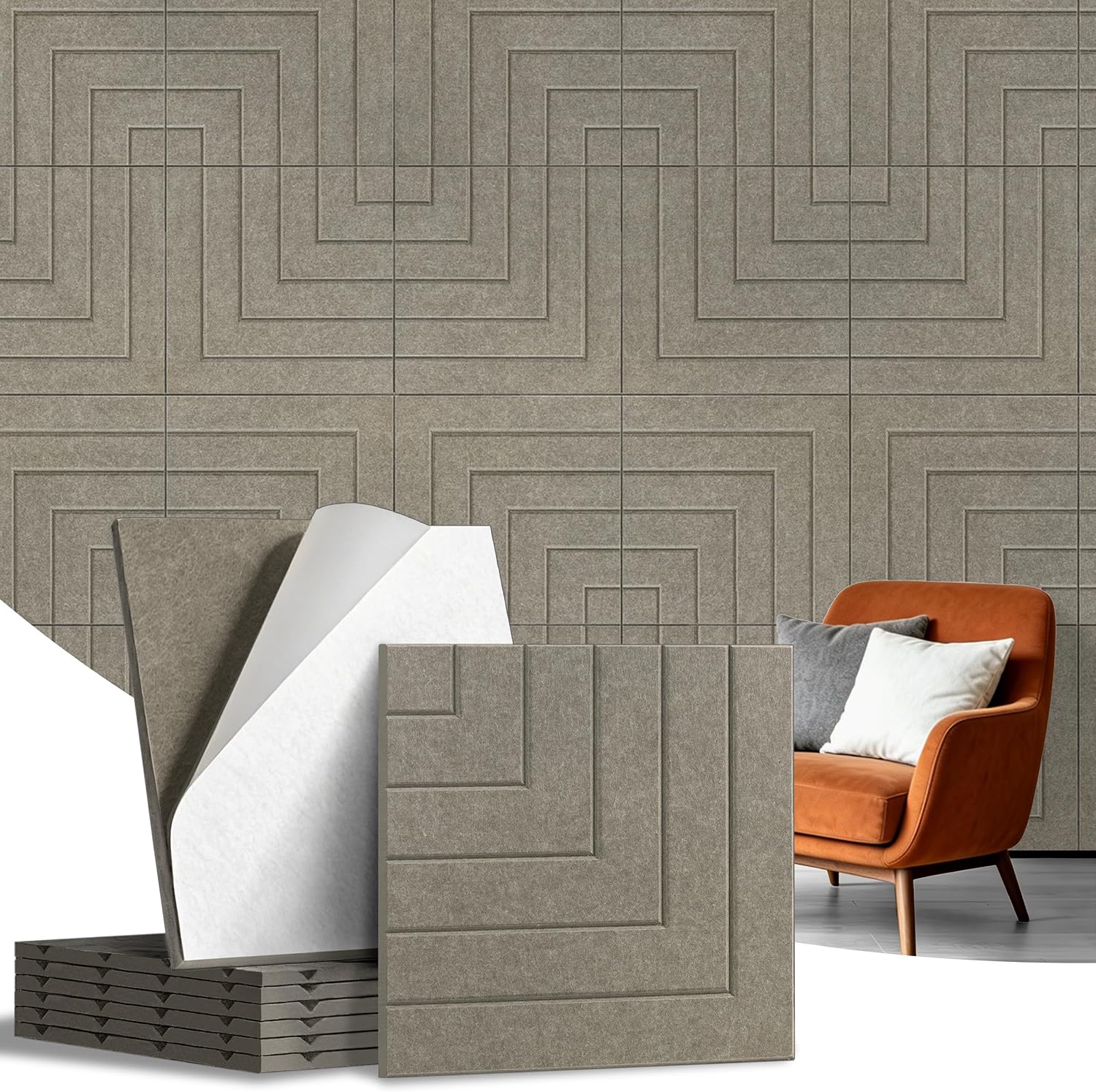 Detalle de KERRAM Geometric Acoustic Wall Panels, 6-Pack, 24 x 24-Inch, Brown