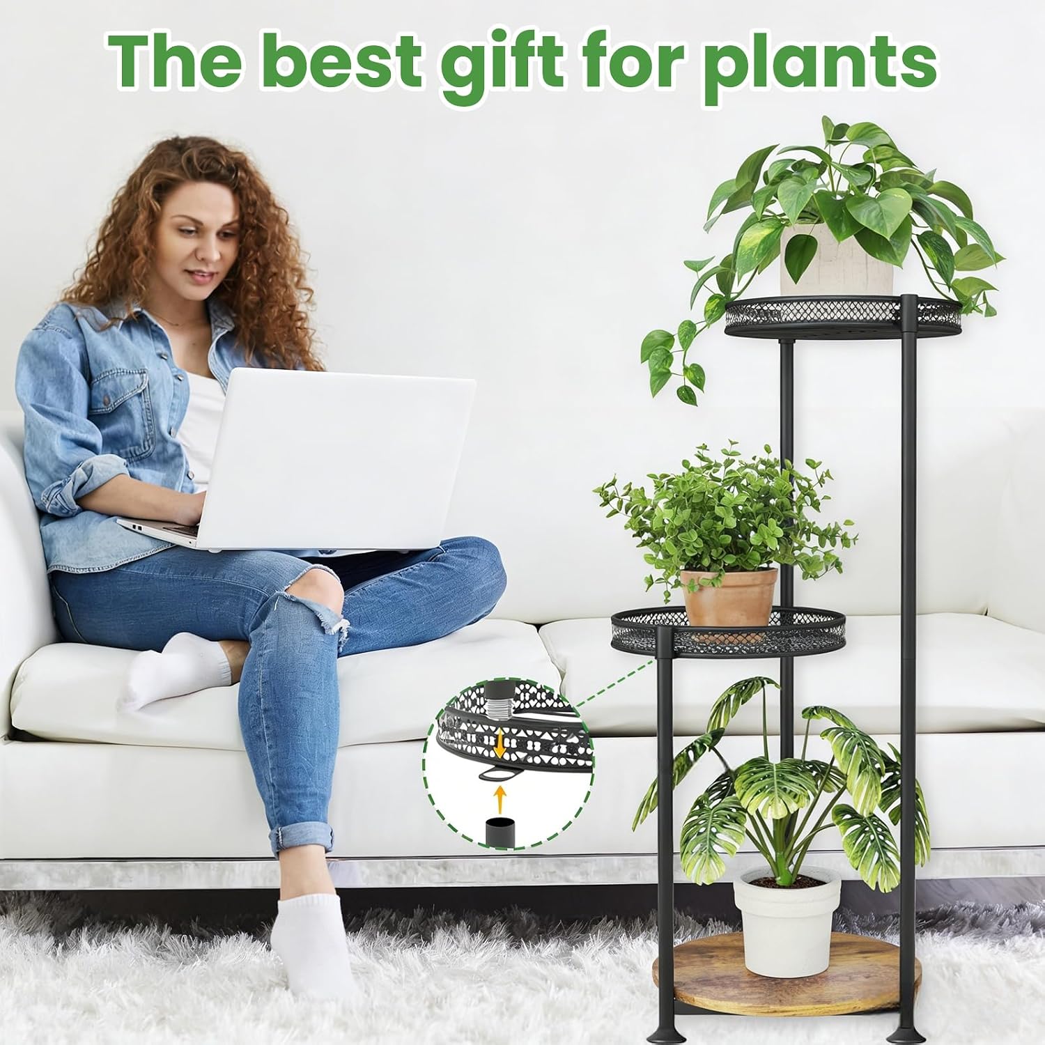 Detalle de Atpddpey 3-Tier Corner Plant Stand, Metal and Wood with Adjustable Feet