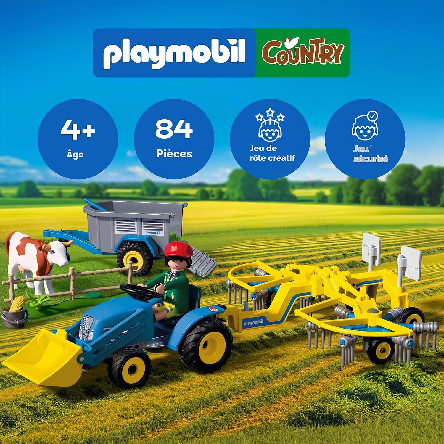 Detalle 2 de Playmobil Country 72163 tractor met hooischudder, voorlader en koe