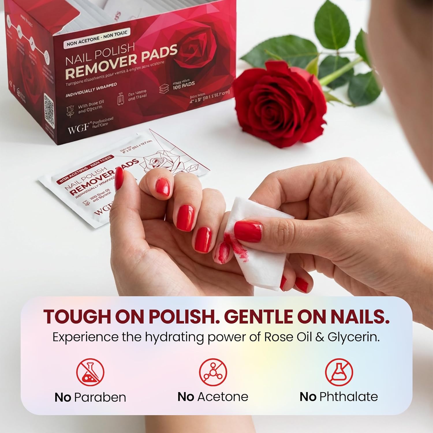 Detalle 2 de Nail Polish Remover Pads (Non-Acetone, Rose Oil) 100-Pack Bulk Set, Individually Wrapped Wipes