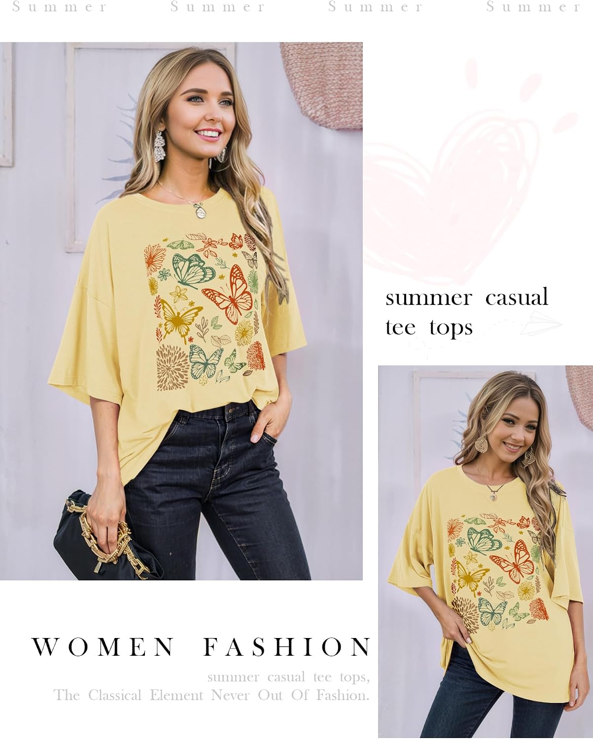 Detalle de WIEIYM Women Oversized T Shirt with Butterfly Flower Graphic – Boho Summer Boost