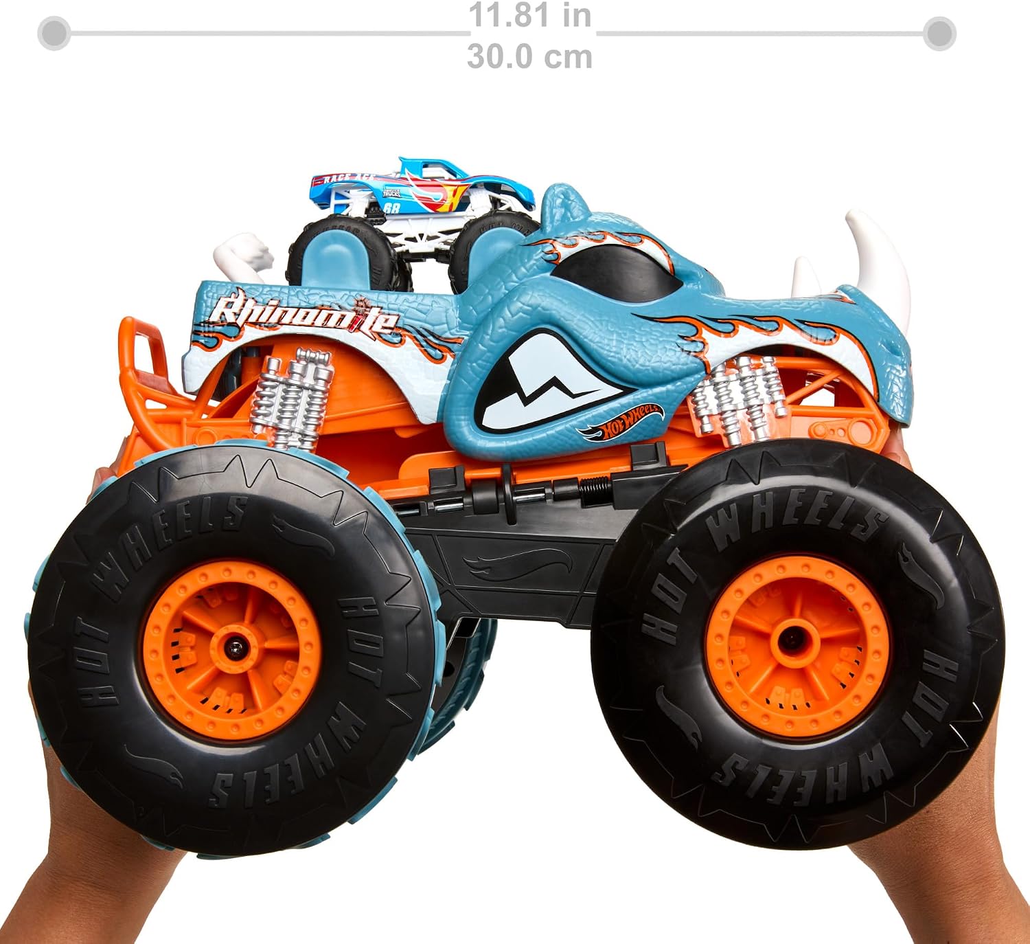 Detalle de Hot Wheels Monster Trucks: Rhinomite 1:12 Umbau zum 1:64 Starter mit Race Ace – HPK27