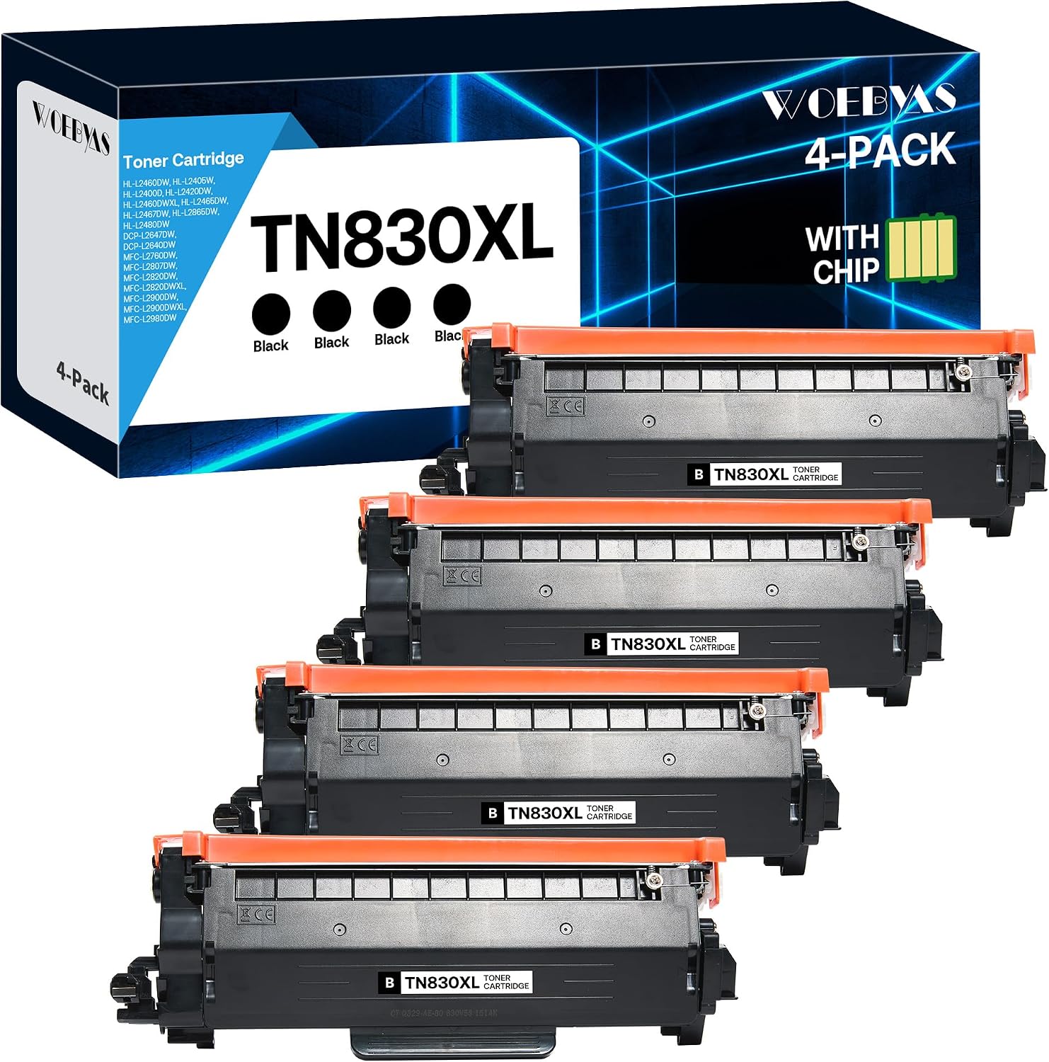 Detalle de WOEBYAS TN830XL Black Laser Toner Cartridge, 4-Pack, Up to 3,000 Pages
