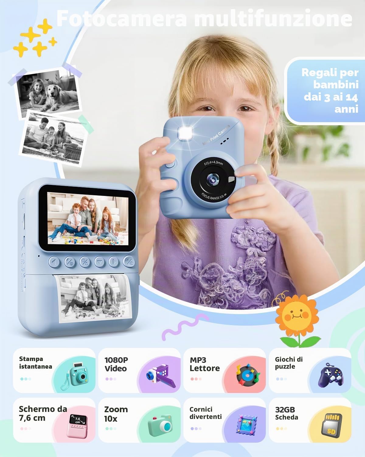 Detalle de TIATUA Macchina Fotografica Bambini Istantanea 3.0" Blu con 32GB e 3 Rotoli di Carta - Regalo Educativo per Ragazze e Ragazzi 3–12