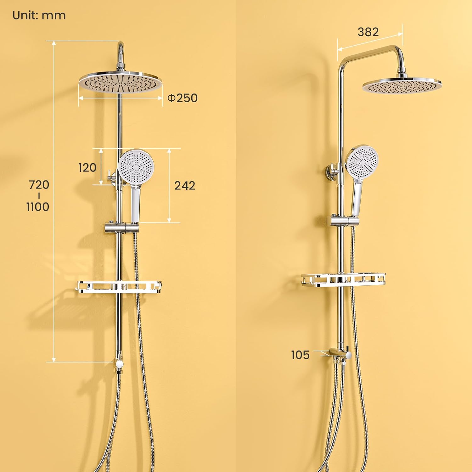 Thumbnail 6 de Auralum Colonna Doccia con Mensola, Soffione Rotondo 25 cm e Doccetta, Altezza 72–110 cm, Colonna Doccia senza Miscelatore, Cromo