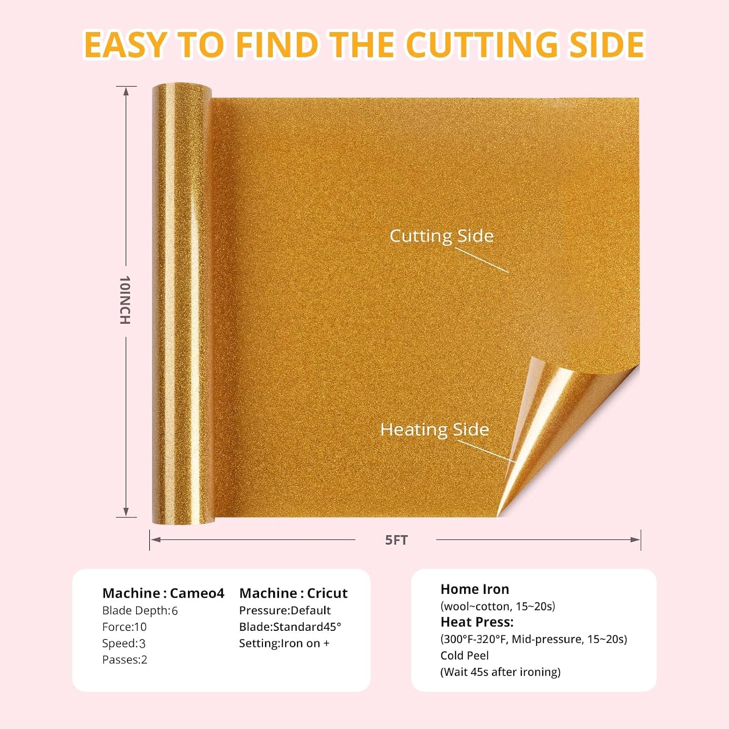 Detalle de HTVRONT Gold Glitter Heat Transfer Vinyl 30.5x152cm