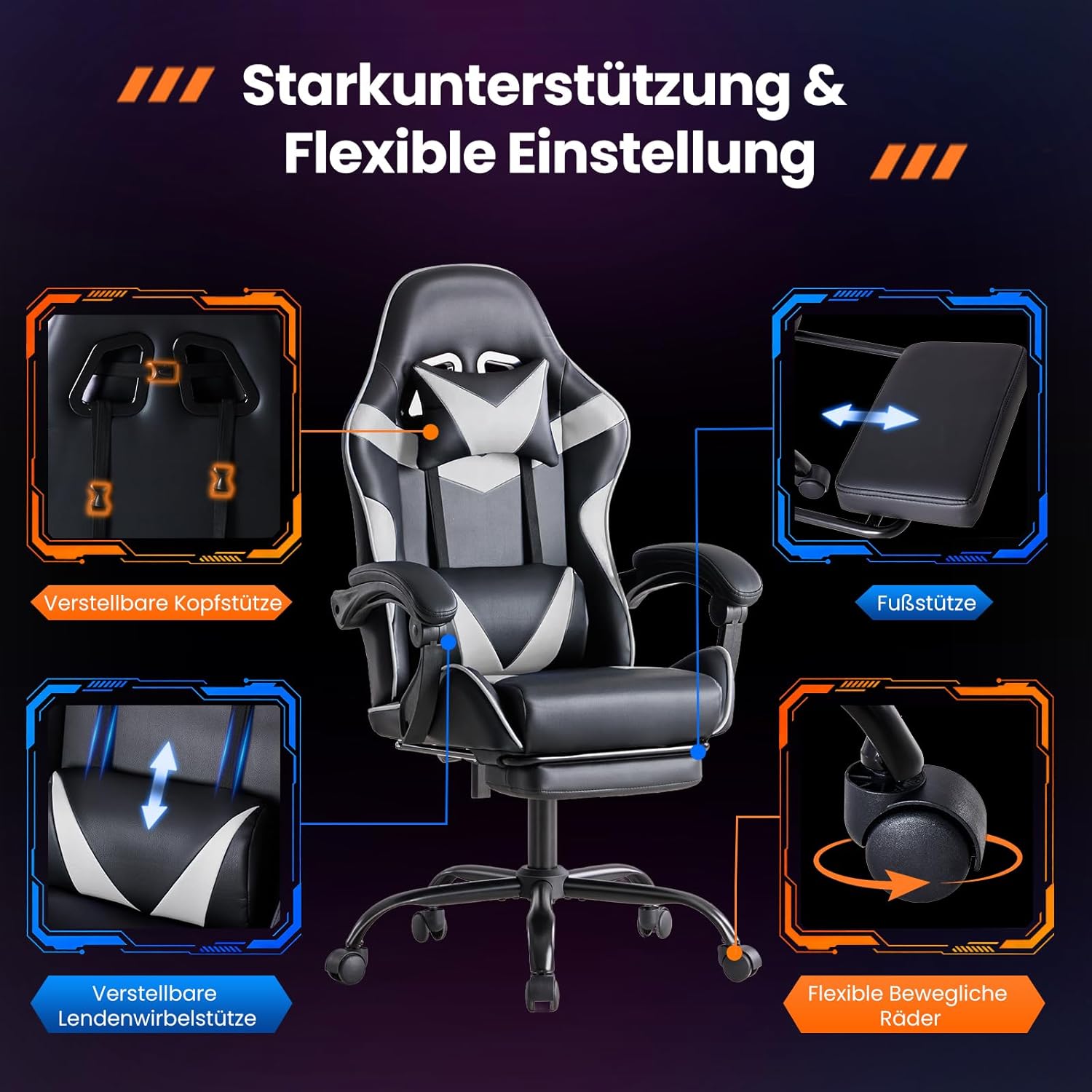 Thumbnail 3 de Sweetcrispy Gaming Stuhl mit Fußstütze, Kopf- und Lendenwirbelstütze – weiß, höhenverstellbar