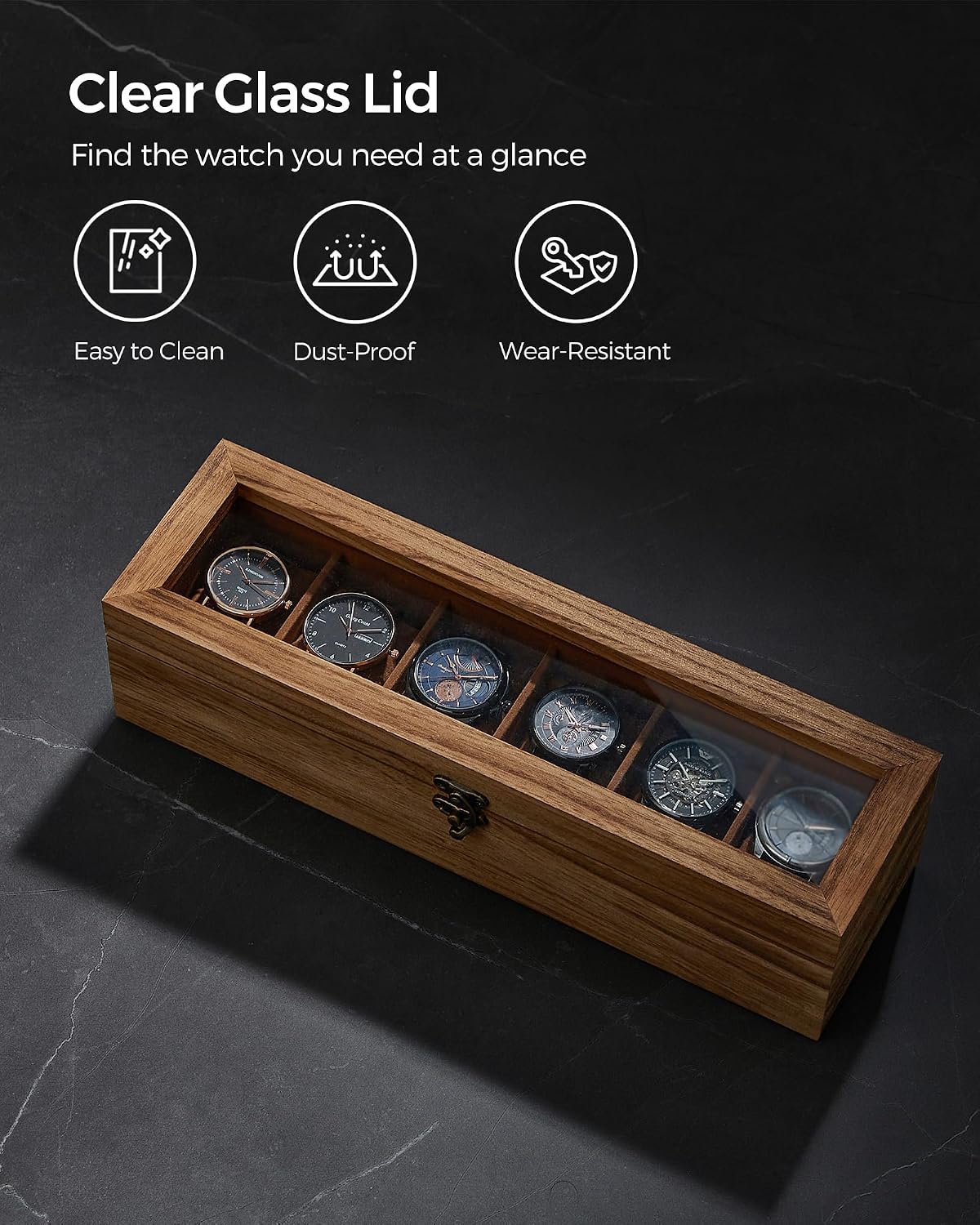 Thumbnail 4 de SONGMICS Watch Box JOW006K01 – 6-Slot Solid Wood Display Case with Glass Lid