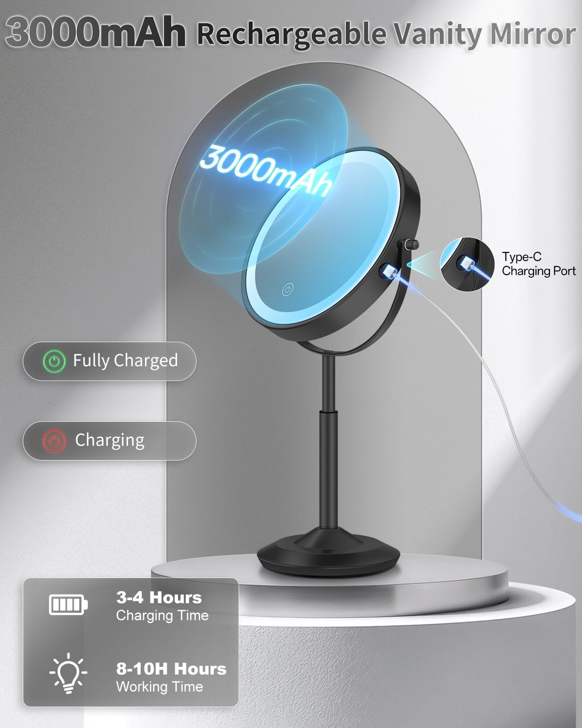 Thumbnail 5 de VFD 30X/1X Lighted Makeup Mirror with Height Adjustment and Rechargeable Battery