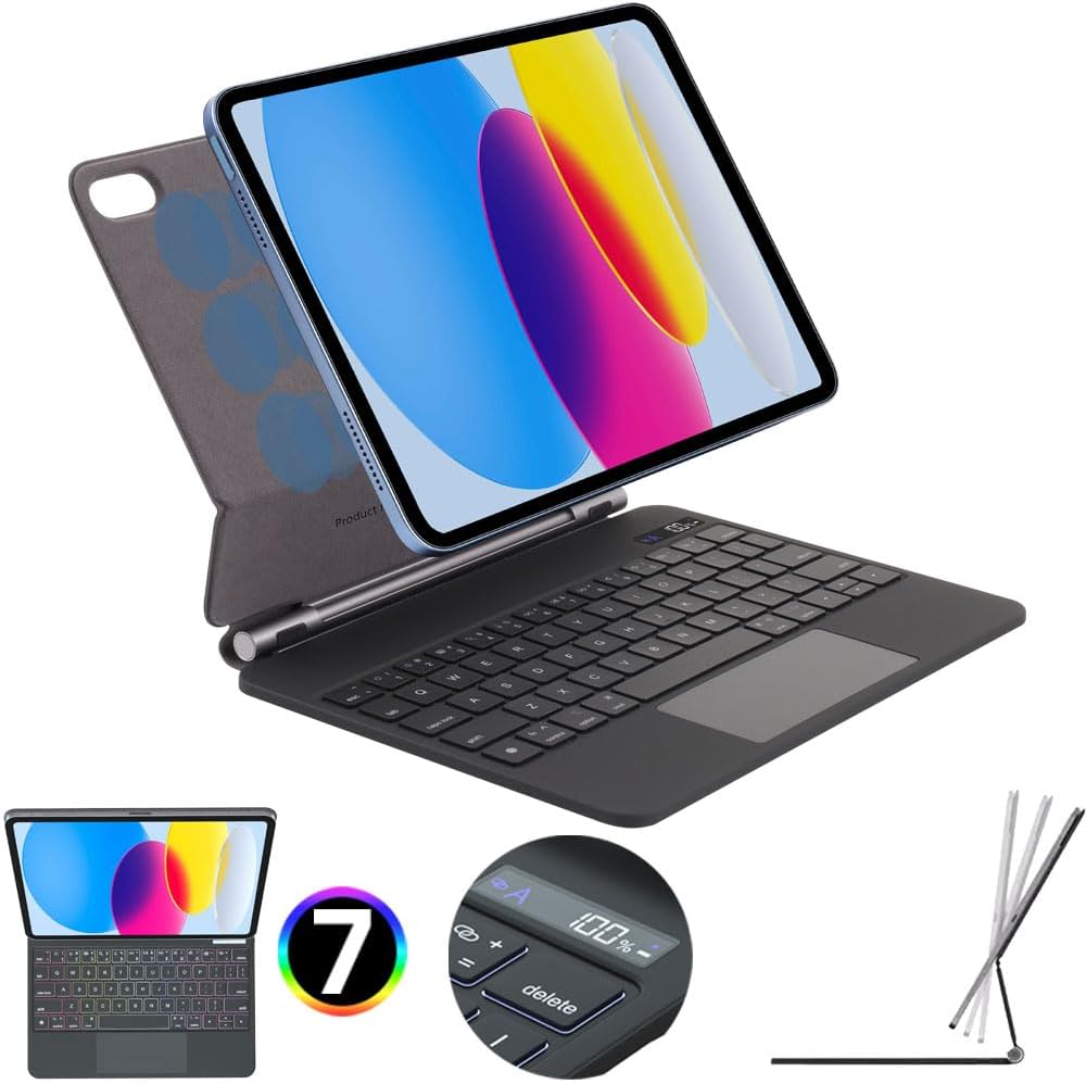 Detalle de TECHGEAR Floating Keyboard Case for iPad A16 11" (2025) & iPad 10.9" (10th Gen 2022): Magnetic Cantilever Stand, Multi-Touch Trackpad & 7-Colour Backlight