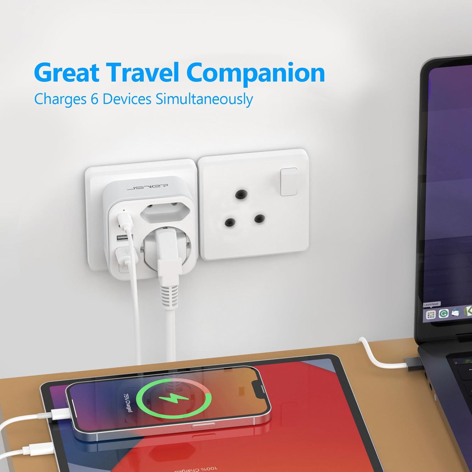 Thumbnail 5 de JSVER Adaptateur prise Afrique du Sud 6 en 1 Type M, blanc, avec 2 USB-A et 2 USB-C