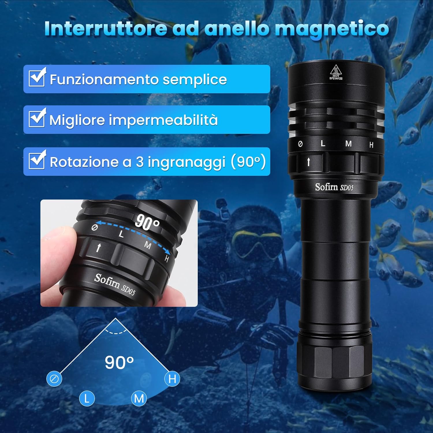 Thumbnail 3 de Sofirn SD05 torcia subacquea LED 3000 lumen con batteria 21700, anello magnetico e impermeabilità IPX8