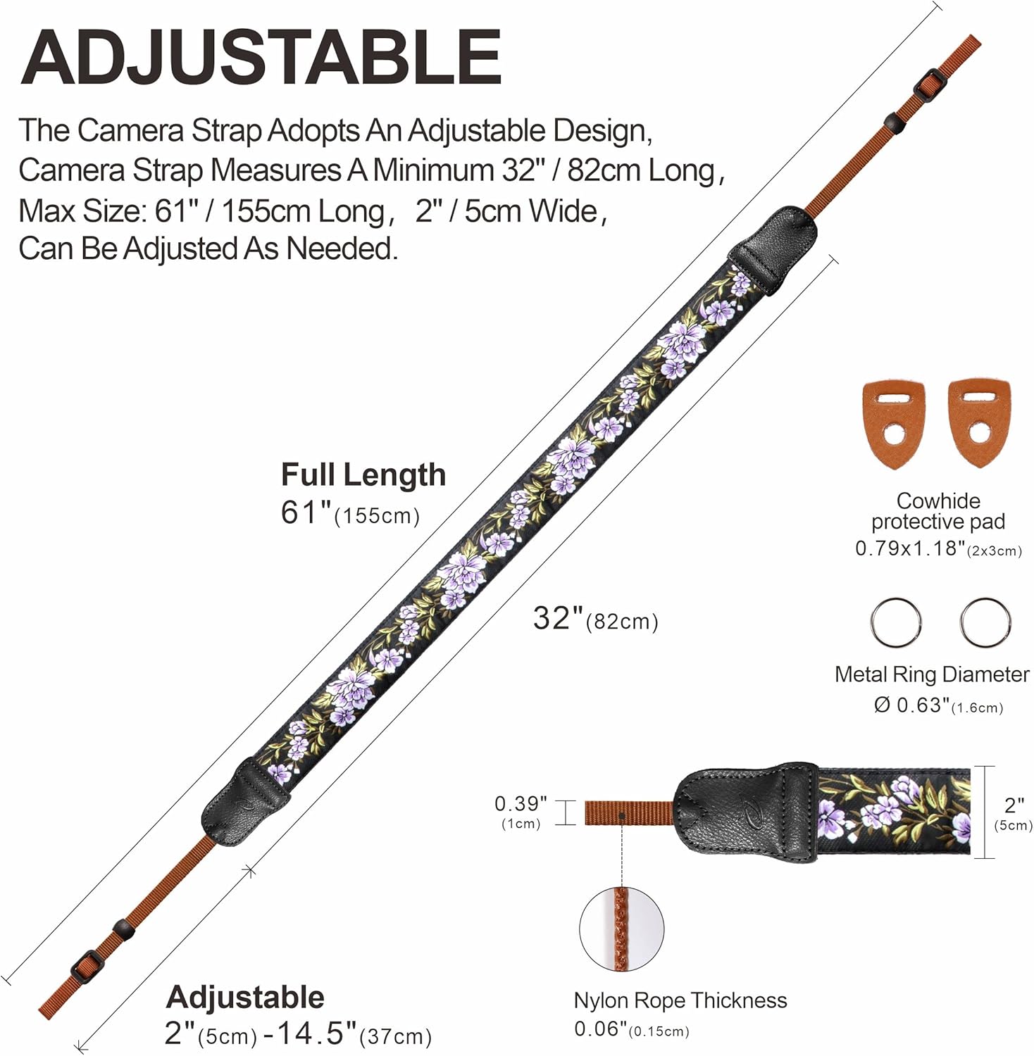 Detalle 1 de Cowhide camera strap 2 inch wide purple flower